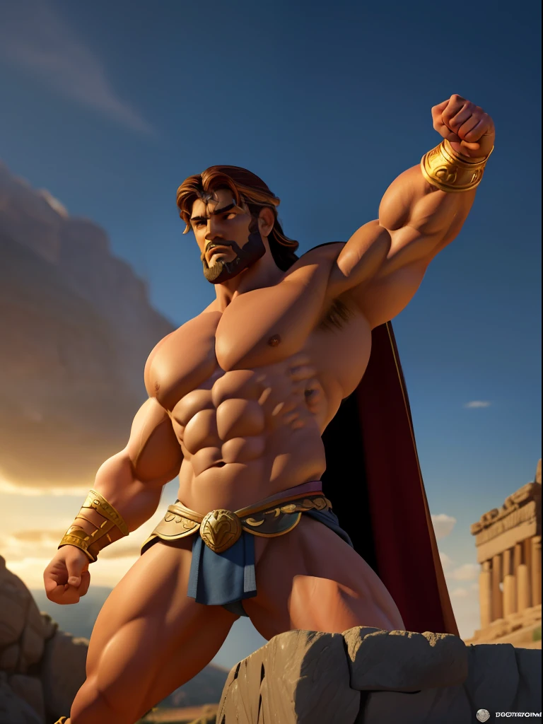 "The Mighty Hercules, Realistic Digital Illustration, Type of Image: Ancient Hero, Art Style: Ancient Realism, Inspired by Historical Artists Michelangelo and Jean-Leon Gerome, Camera Shot: Heroic Pose, Camera Lens: 70mm, View: Front, Render: Octane Render, Lighting: Radiant Sunlight, Resolution: 8K, Highly Detailed, Color Type: Earthy Tones, Scene in an Ancient Greek Landscape, Depicting the Hercules-Type Character in His Muscular Glory, ((Art Station Ancient Hero Art, Ancient Realism)), (((Important: Convey the strength and heroism of the legendary Hercules in ancient times))), insanely handsome man, strongest man on Earth, very masculine, Please focus on intricate details and the play of light and shadows to create a powerful and emotive historical scene."