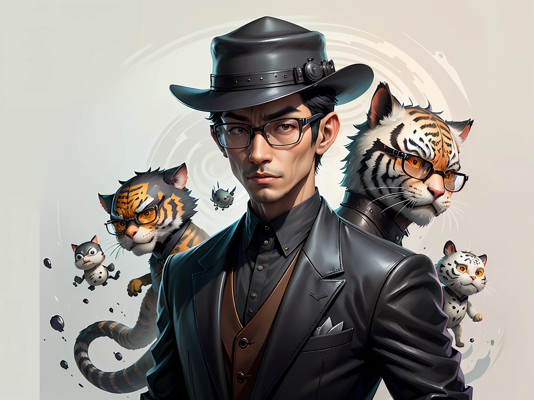Young man with oriental face in leather hat, tiger, oriental face in formal suit, short black hair, silver glasses, digital painting, 3D character design by Mark Clairedon and Pixar and Hayao Miyazaki and Akira Toriyama, the illustration is a high-definition illustration in 4K resolution with very detailed facial features and cartoon-style visuals.