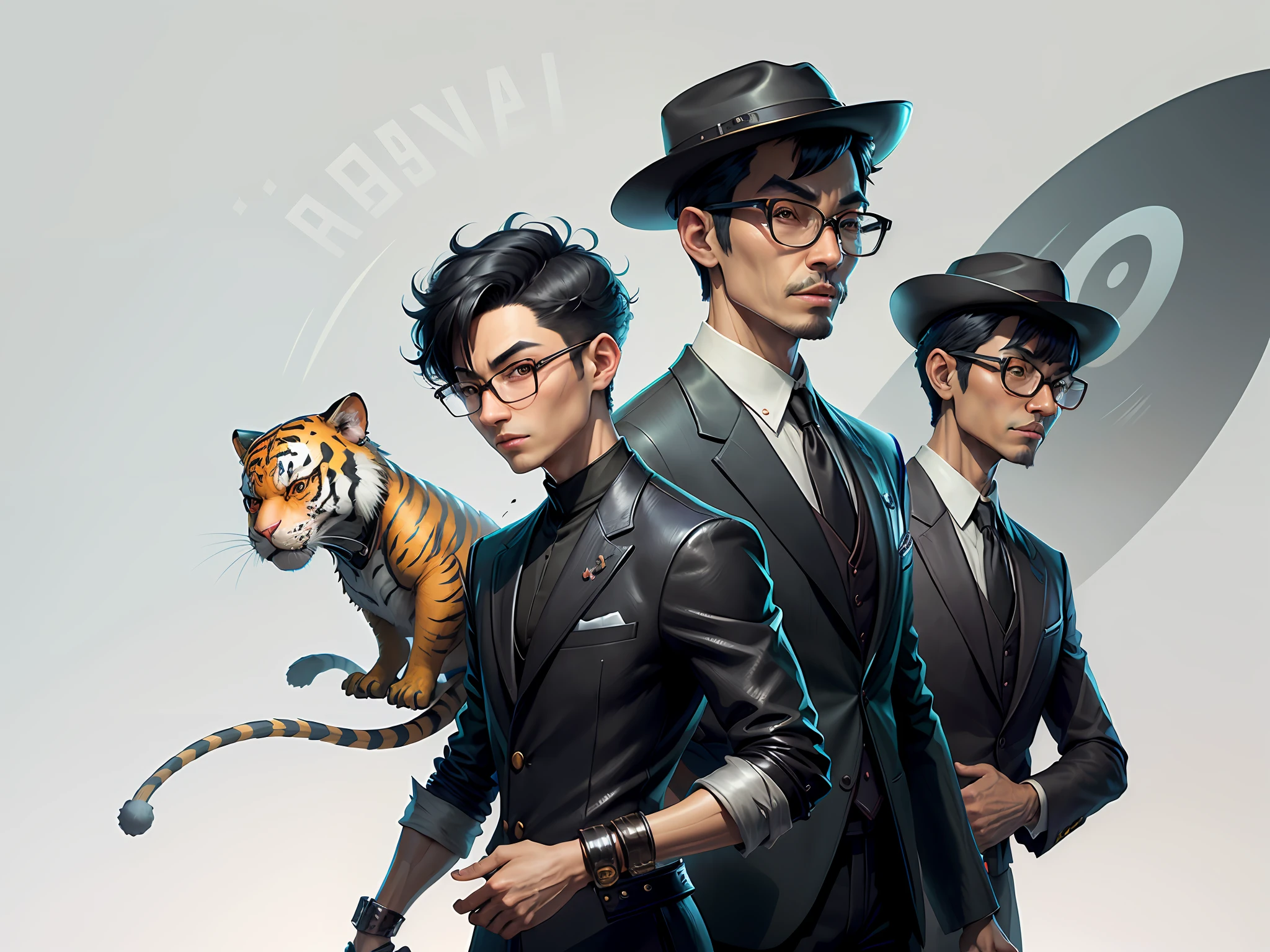 Young man with oriental face in leather hat, tiger, oriental face in formal suit, short black hair, silver glasses, digital painting, 3D character design by Mark Clairedon and Pixar and Hayao Miyazaki and Akira Toriyama, the illustration is a high-definition illustration in 4K resolution with very detailed facial features and cartoon-style visuals.