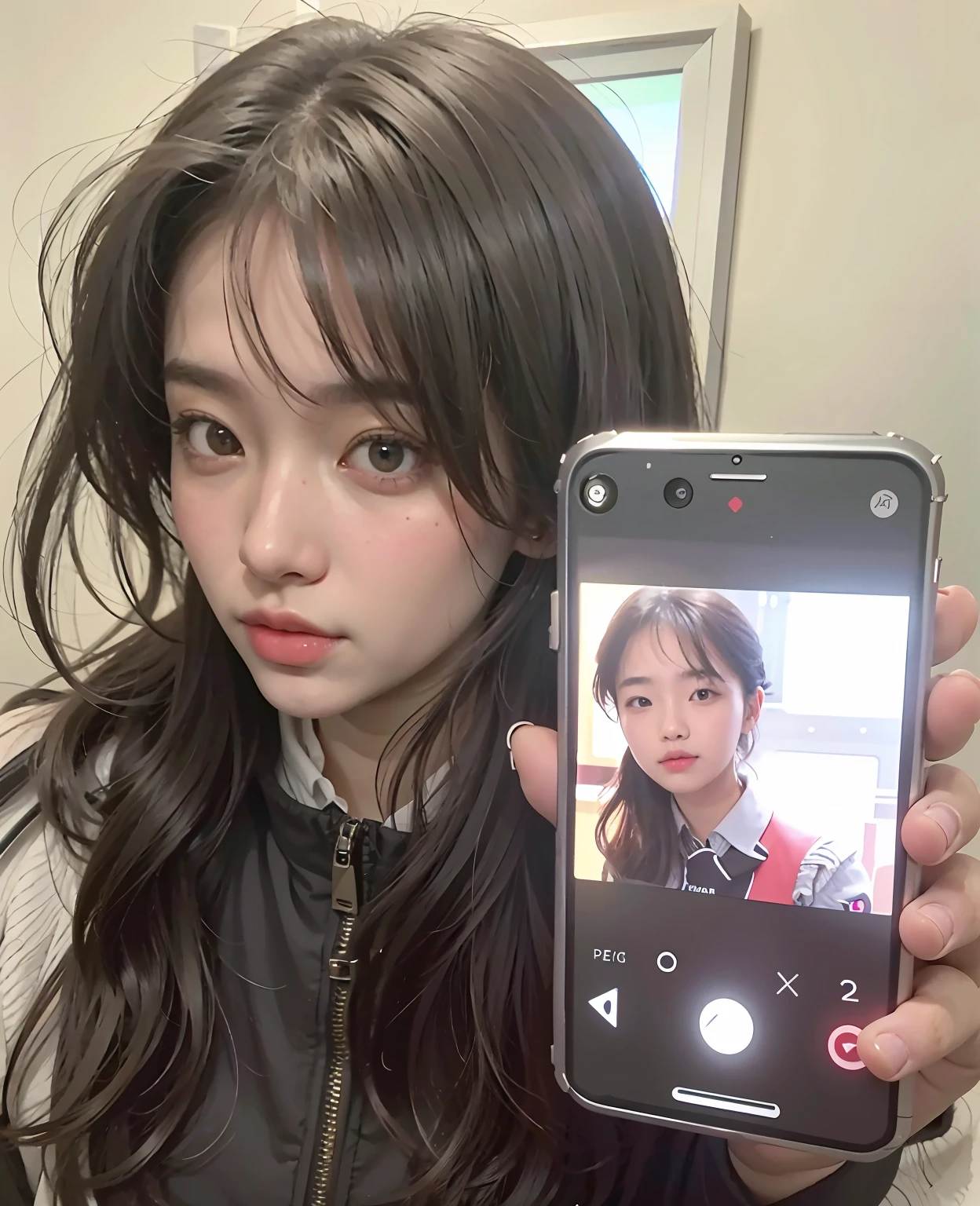 arafed woman taking a selfie with her cell phone, 8k selfie photograph, with a round face,heart - shaped face,Young Korean girl, 19-year-old girl, very very low quality, she is about 1 6 years old, She is facing the camera,plain face, 8k ultra high definition, digital SLR camera, filmgrain, Fujifilm XT3 Realistic painting art,Physically-based rendering, RAW photo, highly detailed back ground, (photograph realistic:1.35)