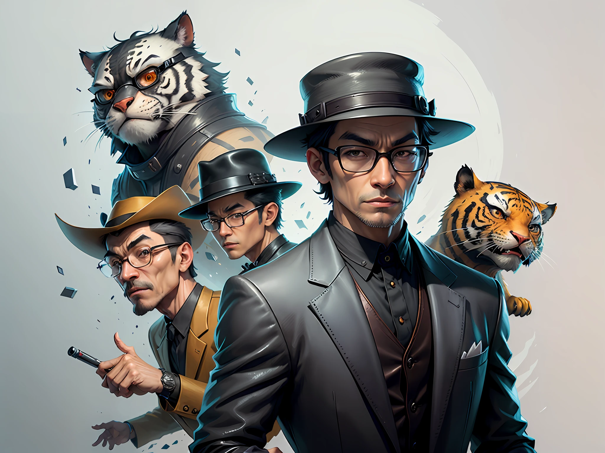 Young man with oriental face in leather hat, tiger, oriental face in formal suit, short black hair, silver glasses, digital painting, 3D character design by Mark Clairedon and Pixar and Hayao Miyazaki and Akira Toriyama, the illustration is a high-definition illustration in 4K resolution with very detailed facial features and cartoon-style visuals.