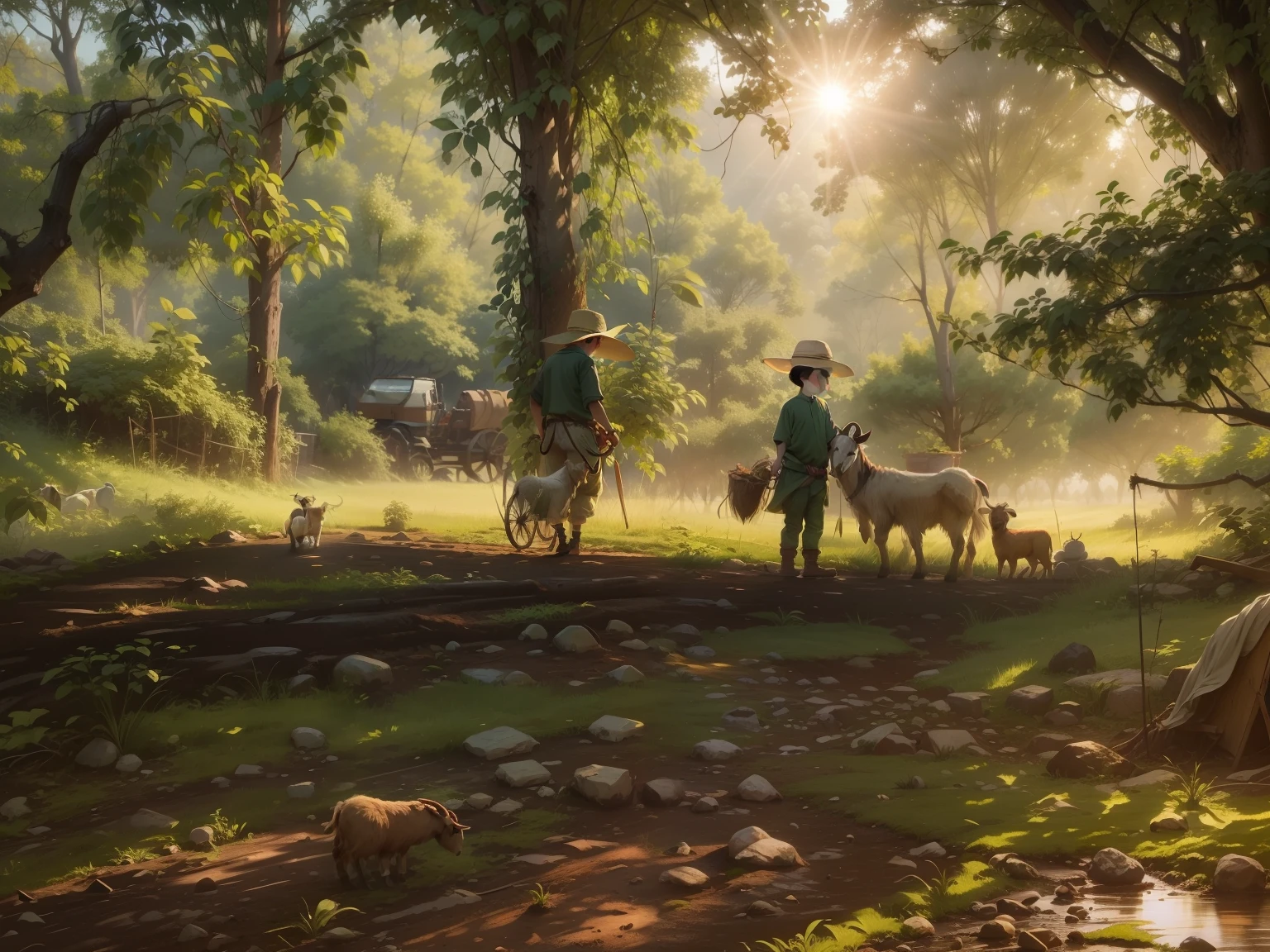 A with goat are farming with forest green trees 8k morning sun set