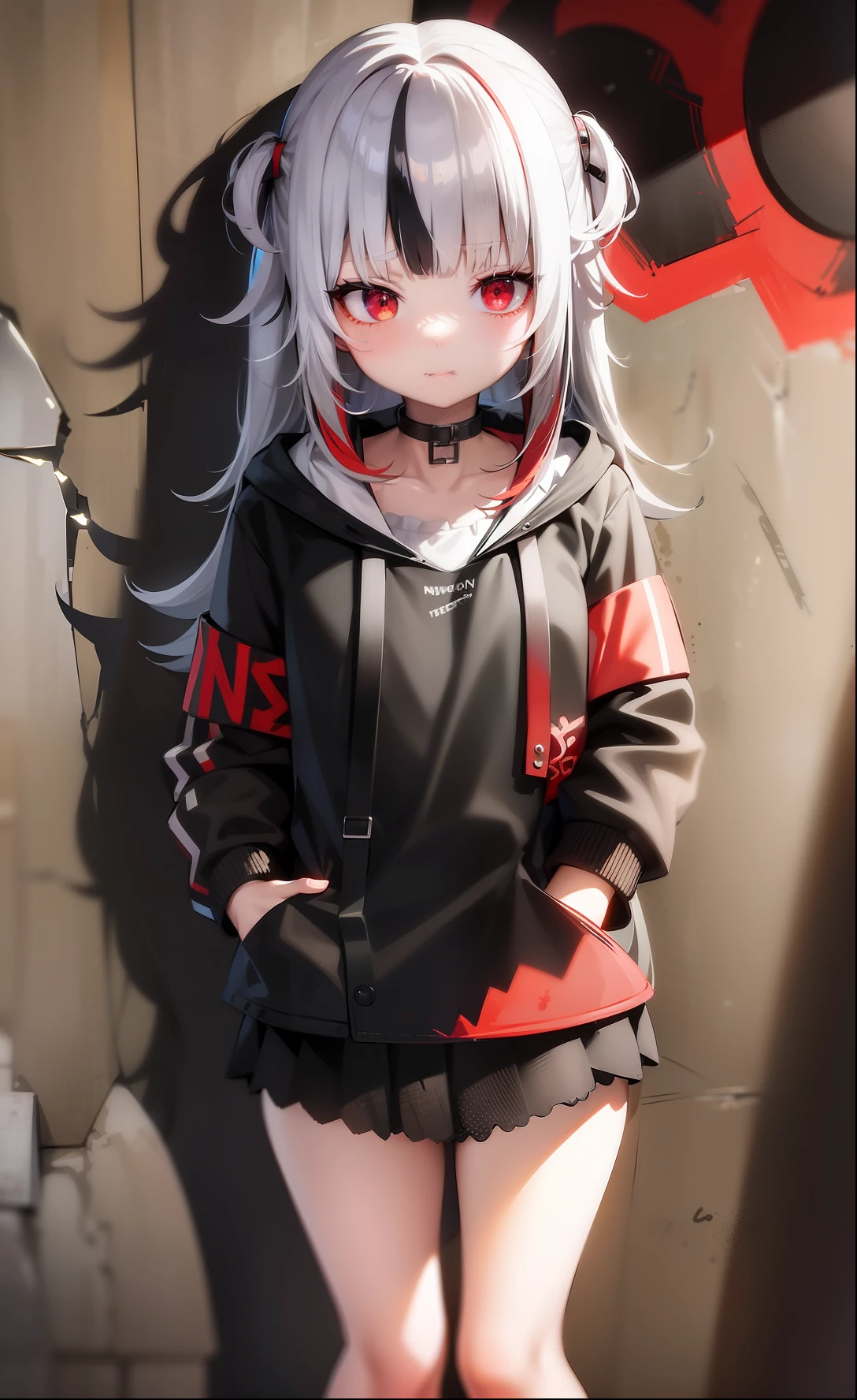 best quality, intricate details, chromatic aberration, 1girl, long hair, black hair, messy hair, red highlights, hair over one eye, red eyes, sharp eyes, choker, neon shirt, torn legwear, open jacket, against wall, brick wall, graffiti, dim lighting, alley