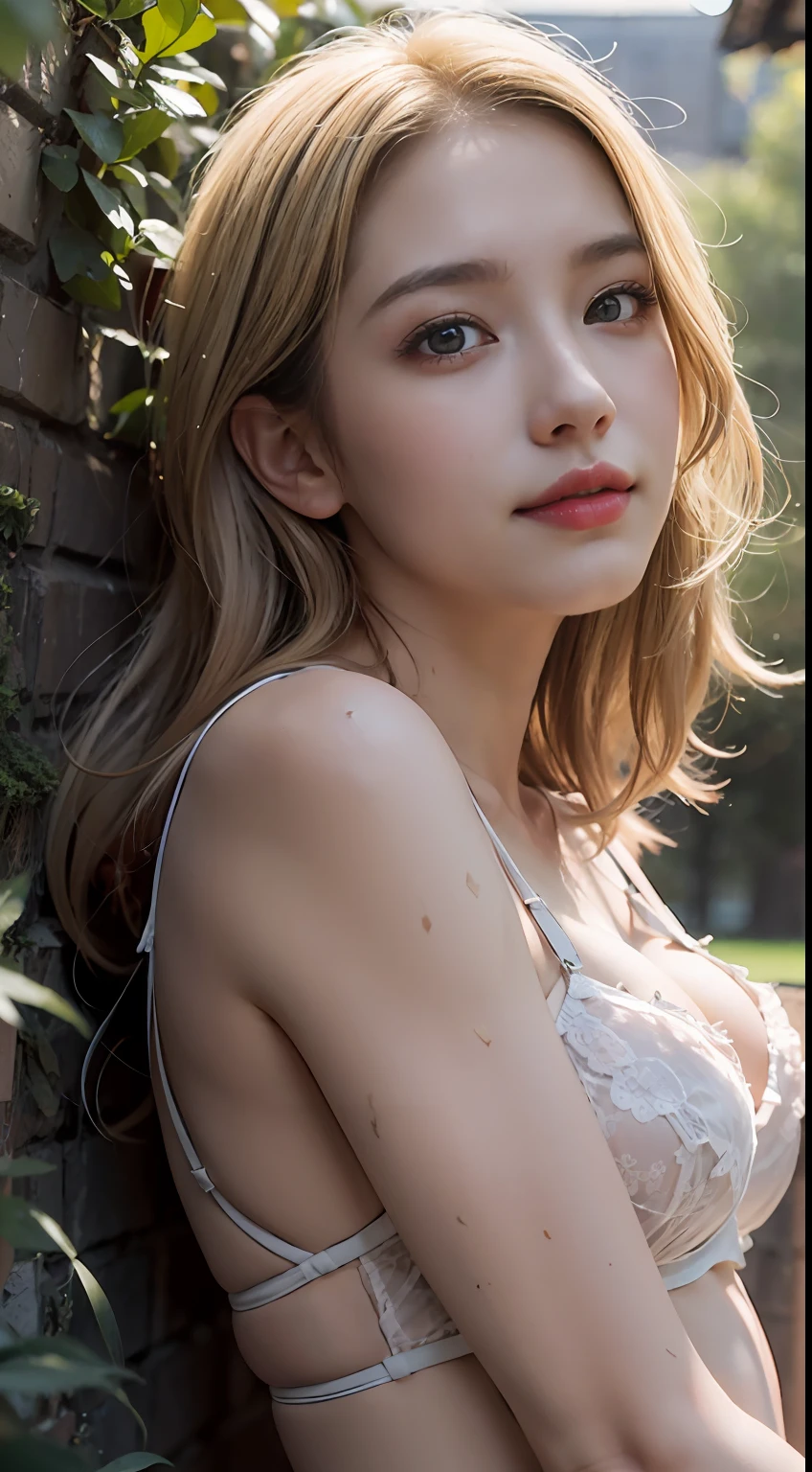 hazy light and shadow, aestheticism, melancholic film, (cloudy), 1 girl, unkempt blonde hair, emotional depth, Realistic lingerie torn wildly、lying muddy in the middle of the grass、Smile, Smooth skin、realistic skin textures