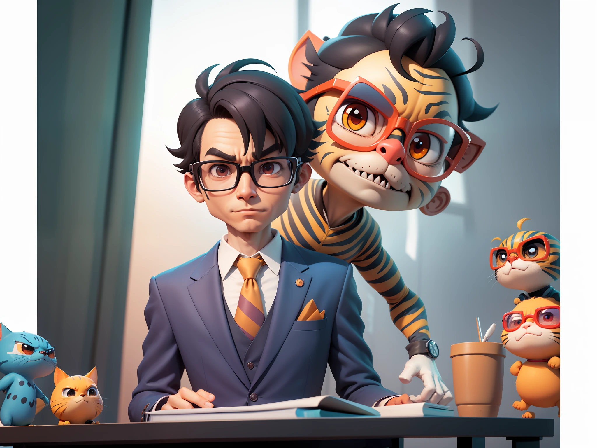 A young man in a suit, Short hair and glasses sat at his desk,holding laptop,digitial painting,tigre,3D character design by Mark Clairen and Pixar and Hayao Miyazaki and Akira Toriyama,4K HD illustration,Very detailed facial features and cartoon-style visuals。