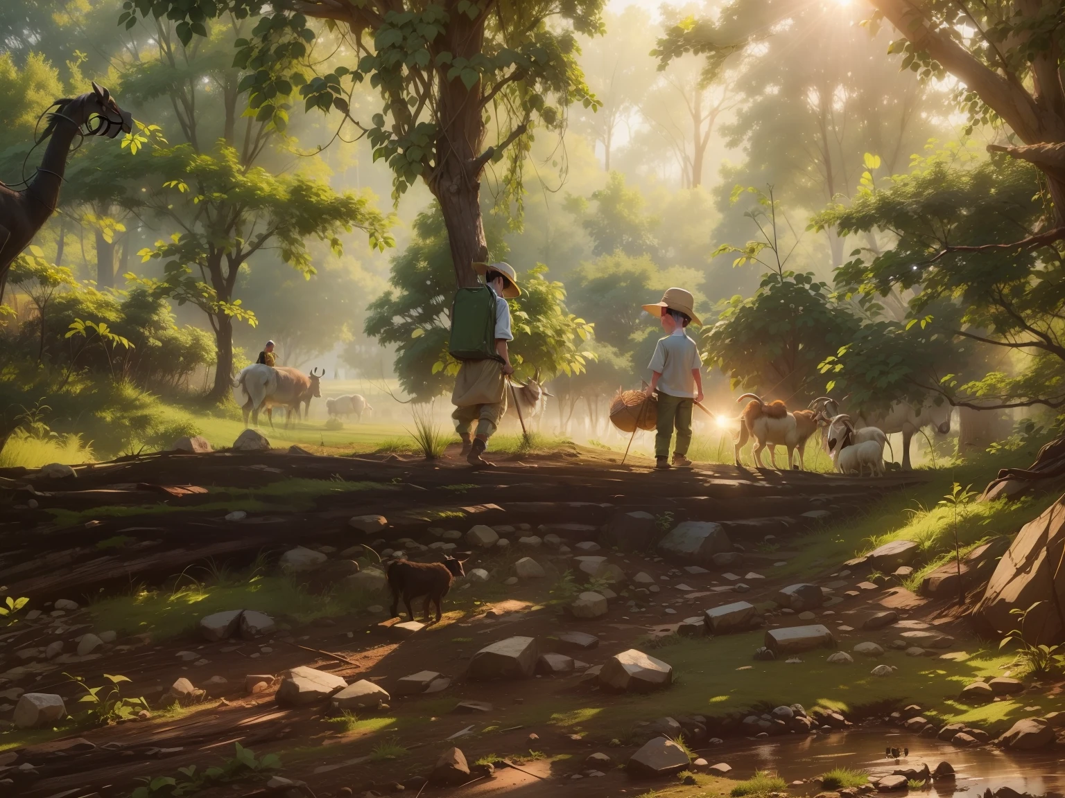 A  boy with goat are farming with forest green trees 8k morning sun set