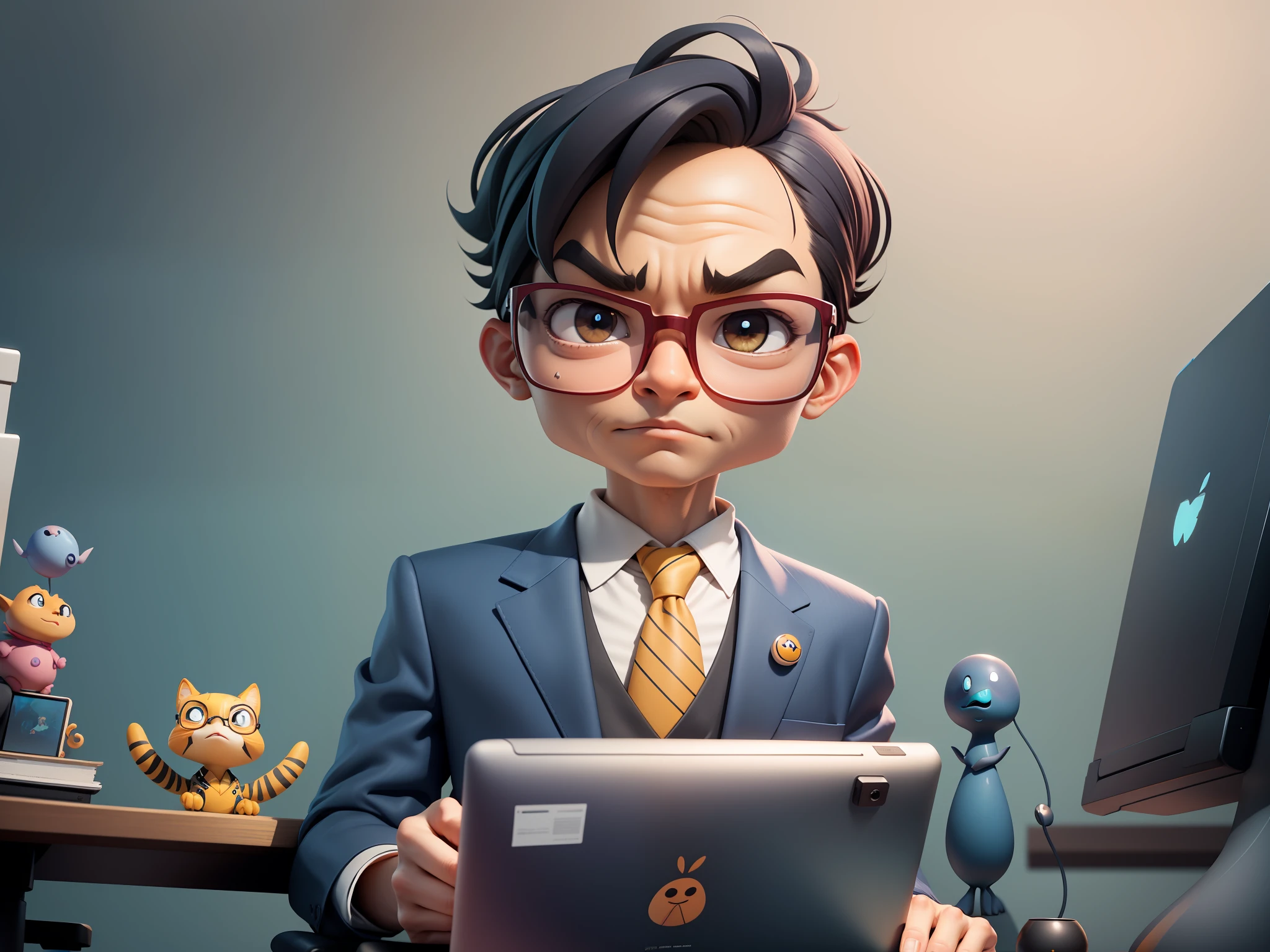 A young man in a suit, Short hair and glasses sat at his desk，holding laptop，digitial painting，tigre，3D character design by Mark Clairen and Pixar and Hayao Miyazaki and Akira Toriyama，4K HD illustration，Very detailed facial features and cartoon-style visuals。