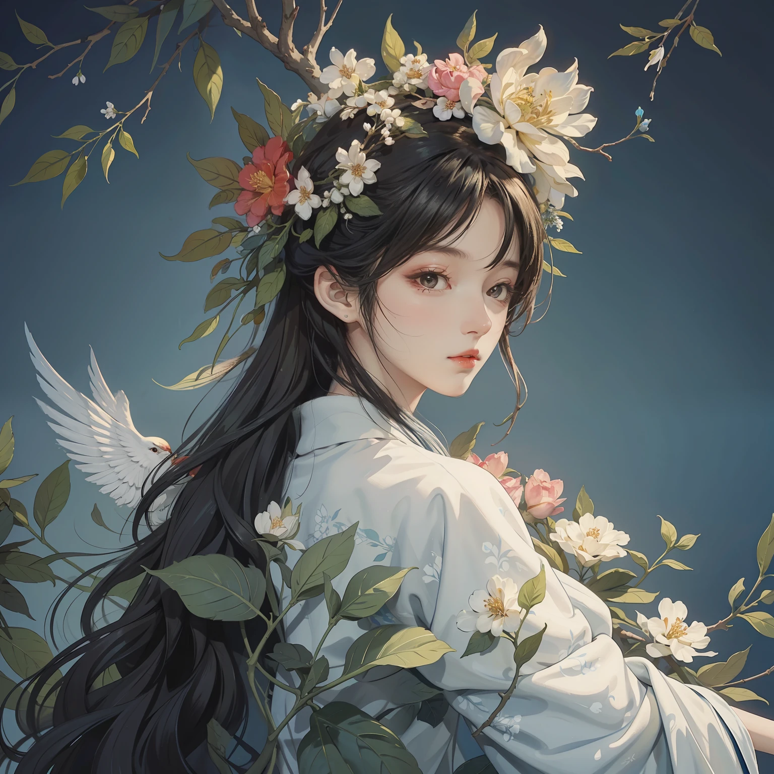 James Jane(James Jean)A painting,Flowers and leaves are worn on the head,A bird