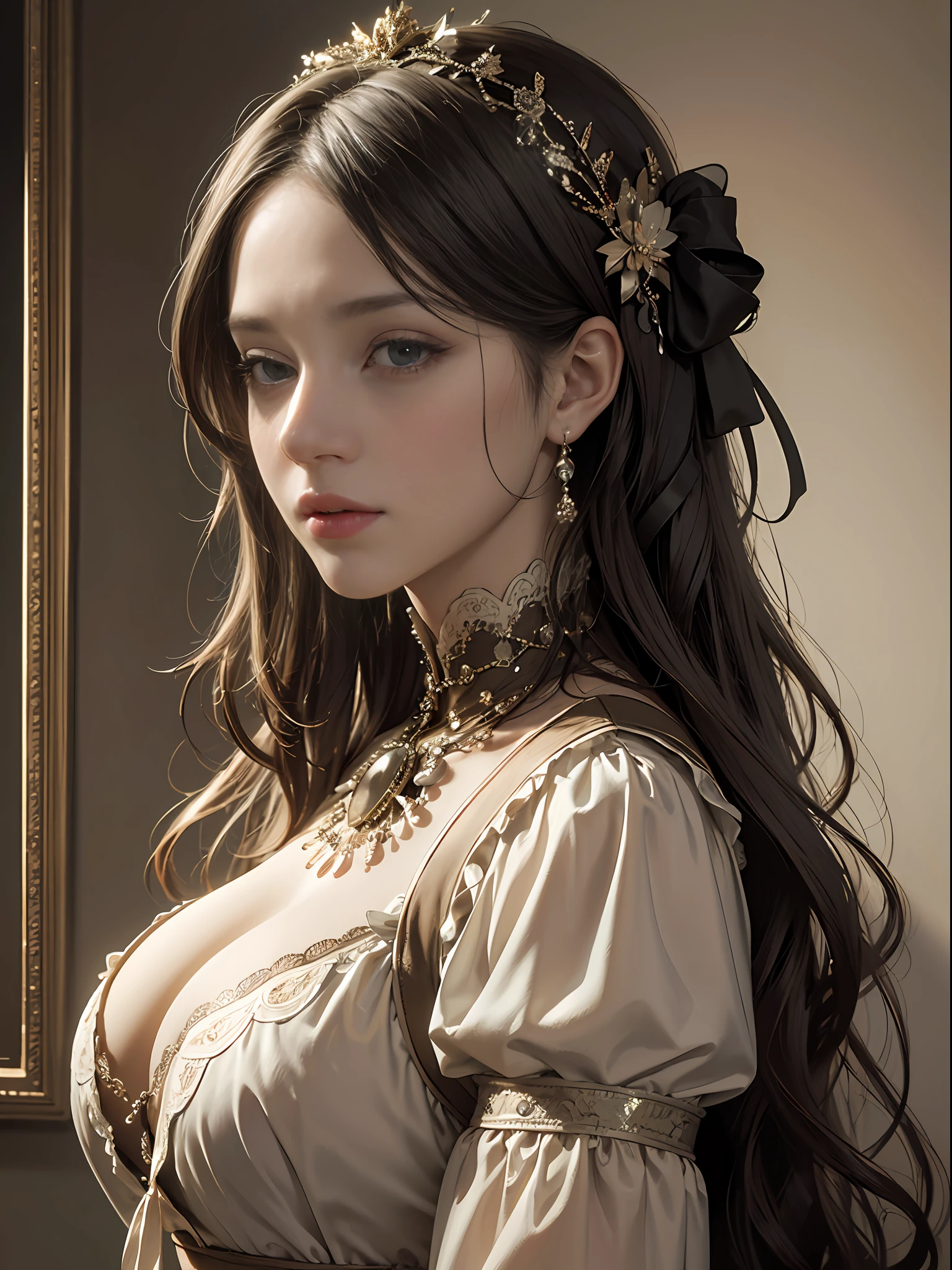 (Pure Color: 0.9), (Color: 1.1), (Masterpiece: 1,2), Top Quality, Masterpiece, High Resolution, Original, Highly Detailed Wallpaper, Beauty, Victorian, Dress, Melancholy, Big Breasts, Sepia Color, 40 years old