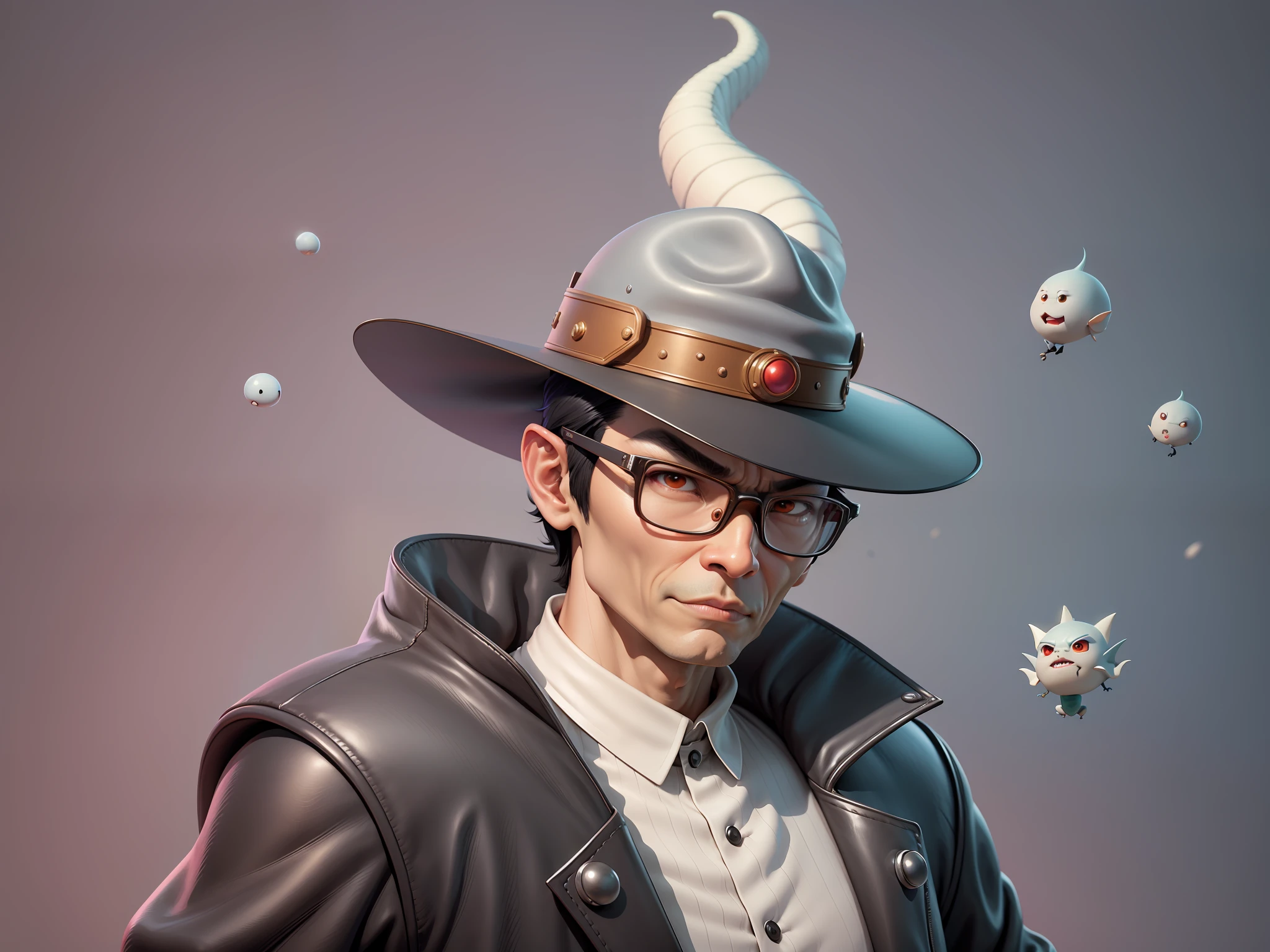Young man with oriental face in leather hat, dragon, formal suit, short black hair, silver glasses, digital painting, 3D character design by Mark Clairedon and Pixar and Hayao Miyazaki and Akira Toriyama, the illustration is a high-definition illustration in 4K resolution with very detailed facial features and cartoon-style visuals.