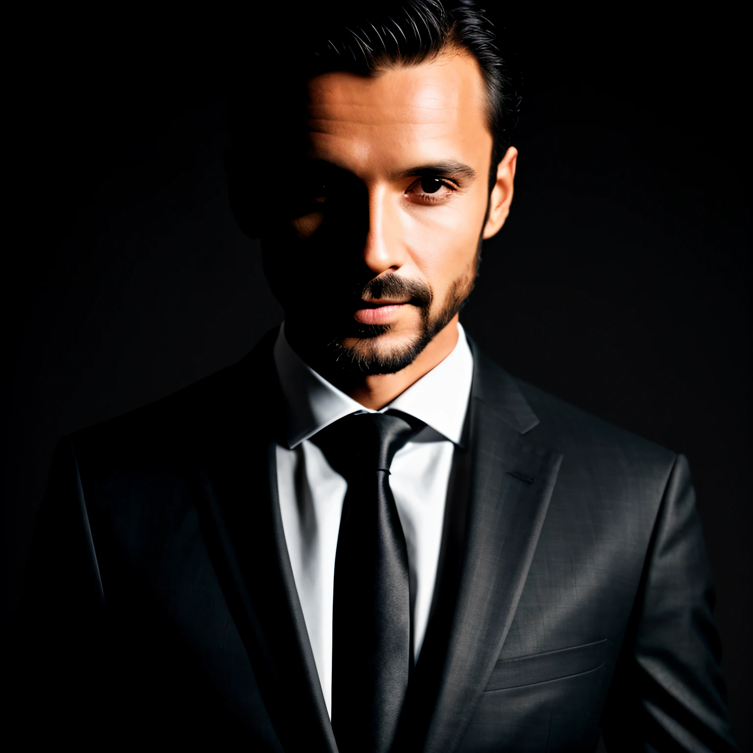 create the face of an adult man, dressed in a suit with a black background, the image has to have a shadow so as not to fully show his face, acting as a manipulator