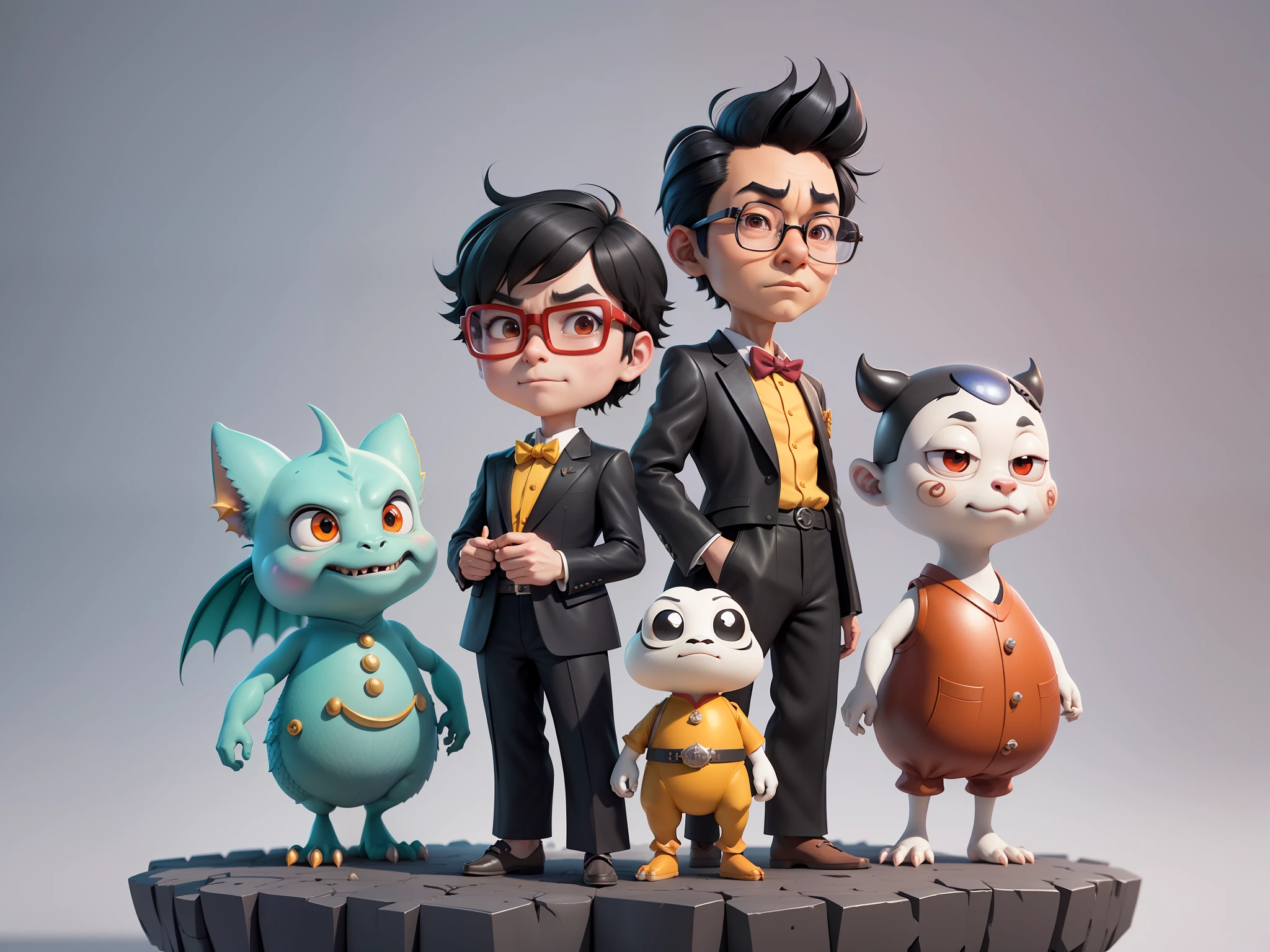 Young man with oriental face in leather hat, dragon, formal suit, short black hair, silver glasses, digital painting, 3D character design by Mark Clairedon and Pixar and Hayao Miyazaki and Akira Toriyama, the illustration is a high-definition illustration in 4K resolution with very detailed facial features and cartoon-style visuals.