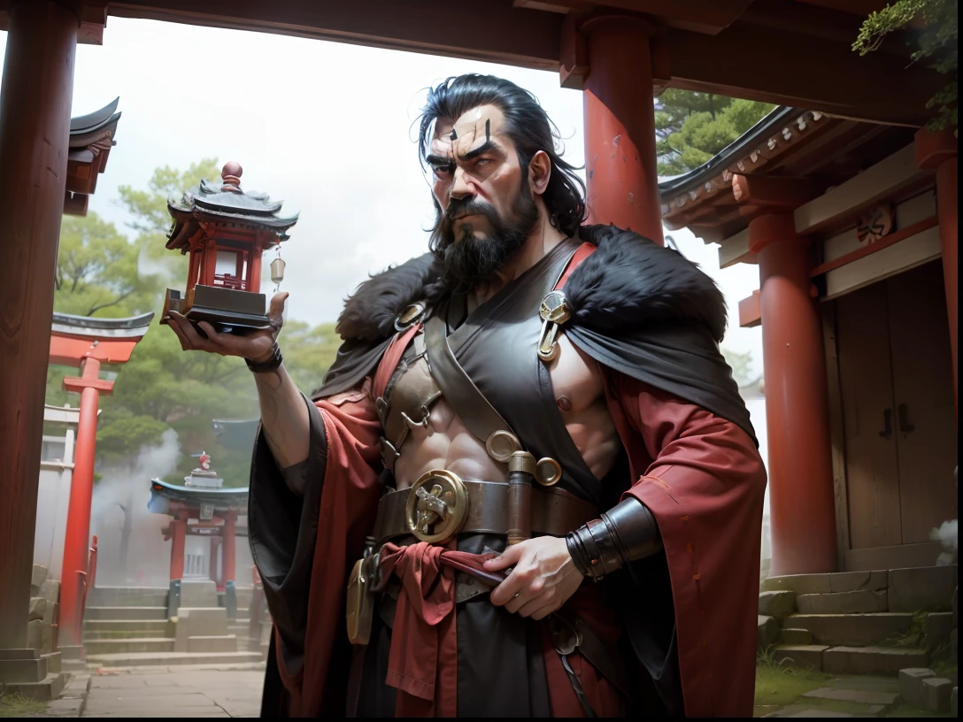 There is a man with a black beard and a red robe、the robe is bright red, inari shrine, Remains of ancient technology, shrines,, Huge ruins,,, steampunc、