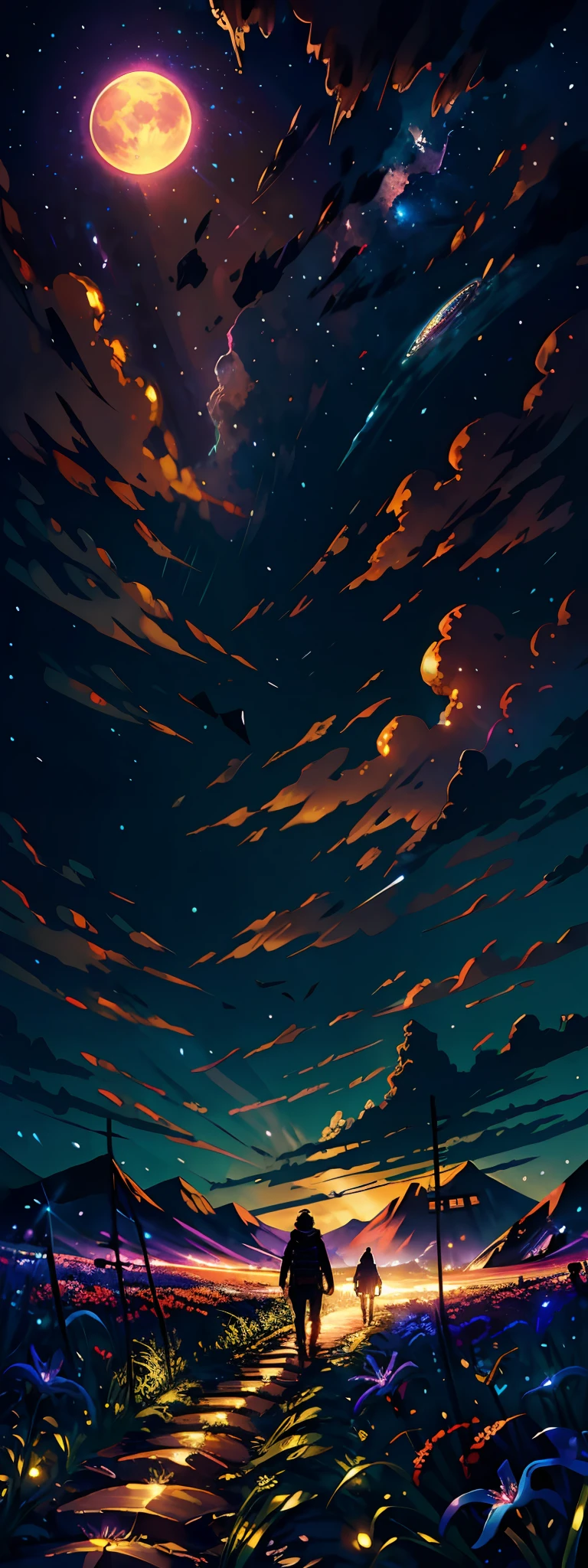 expansive landscape photograph , (a view from below that shows sky above and open field below), a girl standing on flower field looking up, (full moon:1.2), ( shooting stars:0.9), (nebula:1.3), distant mountain, tree BREAK
production art, (warm light source:1.2), (Firefly:1.2), lamp, lot of purple and orange, intricate details, volumetric lighting BREAK
(masterpiece:1.2), (best quality), 4k, ultra-detailed, (dynamic composition:1.4), highly detailed, colorful details,( iridescent colors:1.2), (glowing lighting, atmospheric lighting), dreamy, magical, (solo:1.2)