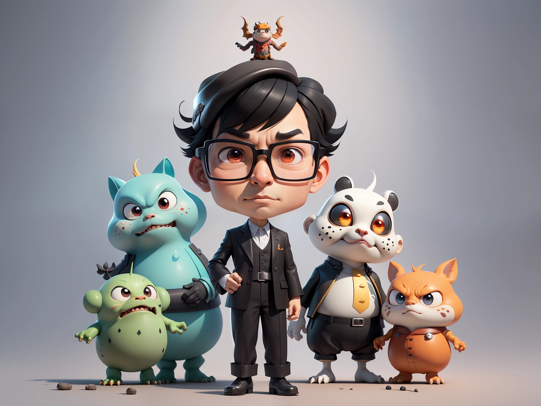 Young man with oriental face in leather hat, dragon, formal suit, short black hair, silver glasses, digital painting, 3D character design by Mark Clairedon and Pixar and Hayao Miyazaki and Akira Toriyama, the illustration is a high-definition illustration in 4K resolution with very detailed facial features and cartoon-style visuals.