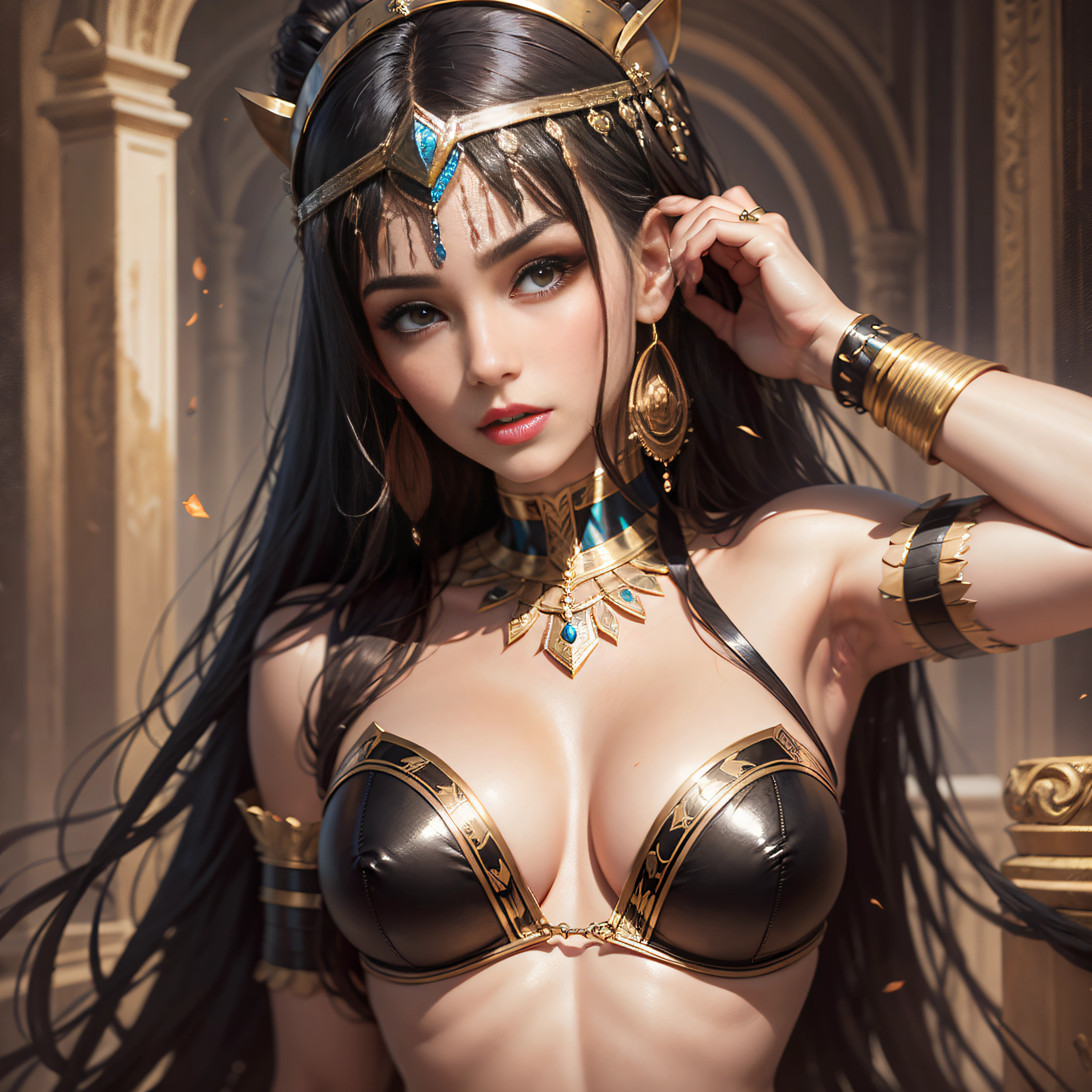 8k, Expect Raw, A beautiful woman, with long black and shiny hair, Cleopatra style, with brown eyes and enveloping, frontal photo, red and seductive lips, imposing woman, confident, a seductive queen, demonstrating what is most real in painting