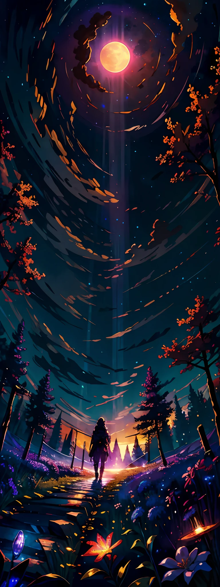 expansive landscape photograph , (a view from below that shows sky above and open field below), a girl standing on flower field looking up, (full moon:1.2), ( shooting stars:0.9), (nebula:1.3), distant mountain, tree BREAK
production art, (warm light source:1.2), (Firefly:1.2), lamp, lot of purple and orange, intricate details, volumetric lighting BREAK
(masterpiece:1.2), (best quality), 4k, ultra-detailed, (dynamic composition:1.4), highly detailed, colorful details,( iridescent colors:1.2), (glowing lighting, atmospheric lighting), dreamy, magical, (solo:1.2)