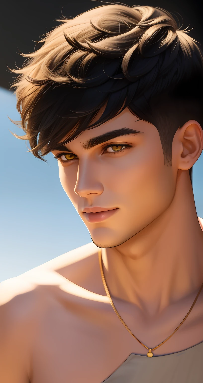 portraite of a. Young guy 24 years old. Black hair is styled on one side and shaved on the other side. Haircut with thick bangs. Yellow eyes. suntanned skin. slight smile. black jacket