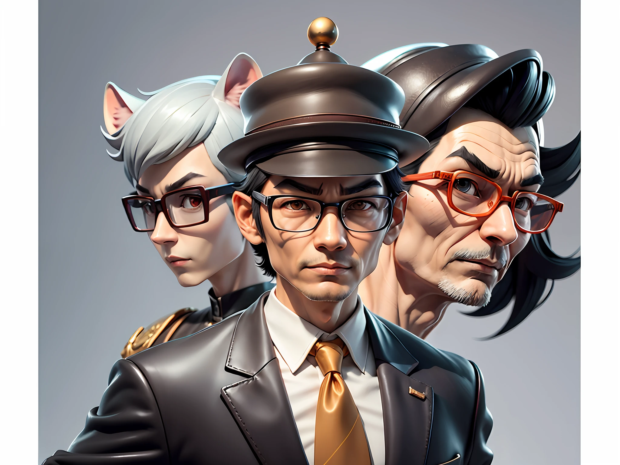 Young man with oriental face in leather hat, tiger, oriental face in formal suit, short black hair, silver glasses, digital painting, 3D character design by Mark Clairedon and Pixar and Hayao Miyazaki and Akira Toriyama, the illustration is a high-definition illustration in 4K resolution with very detailed facial features and cartoon-style visuals.