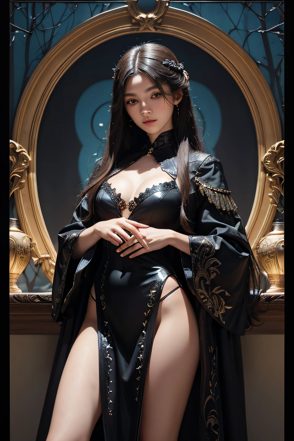 (in the darkness nigth:1.6),full bodyesbian,Surrealist portraits of women by David Hockney and Alphonse Mucha,Fantasyart,photographrealistic,动态照明,artstation,poster for,Volumetriclighting,Very detailed faces,4 k,Award-Awarded,,1girl,In the dark,deepshadow,low tune,cowboy lens,(official outfit:1.4),long whitr hair,whaite hair,