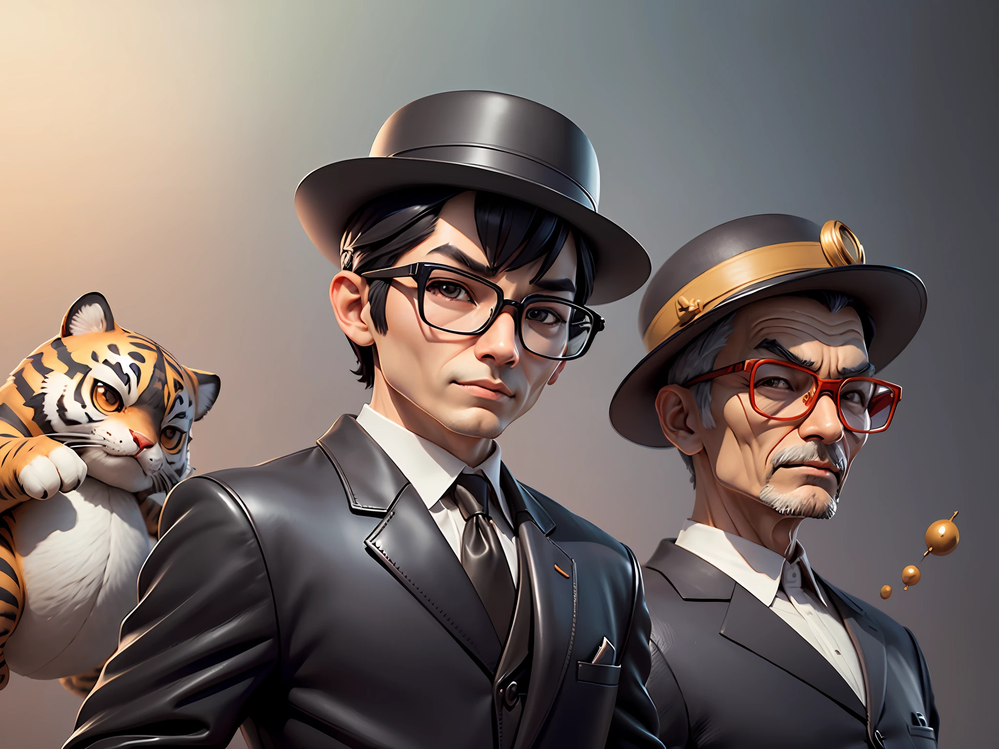 Young man with oriental face in leather hat, tiger, oriental face in formal suit, short black hair, silver glasses, digital painting, 3D character design by Mark Clairedon and Pixar and Hayao Miyazaki and Akira Toriyama, the illustration is a high-definition illustration in 4K resolution with very detailed facial features and cartoon-style visuals.
