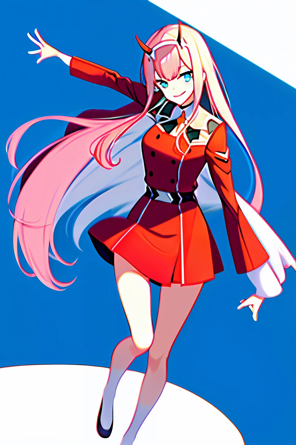 Zerotwo，high qulity， 1girll， By bangs， blue backdrop， green-eyed， shairband， banya， long whitr hair， longer sleeves， looking at viewert， red blous， Closed jacket， army suit， oni horn， orange ascot， Pink hair， Red horn， simple backgound， ssmile， 独奏， standing on your feet， 校服， white hair ribbon， （（tmasterpiece）），Smooth and shiny，4K，Full body photo，