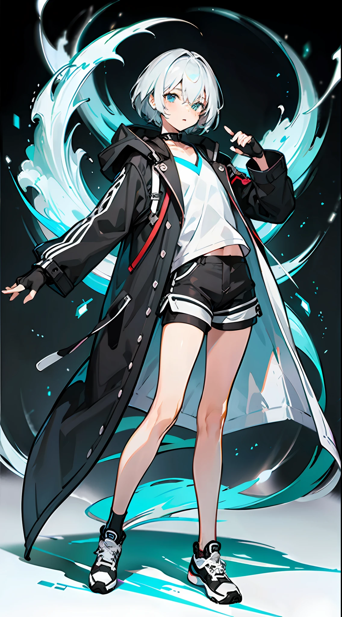 Masterpiece, Best quality, Solo,Boy, White hair,Short hair, (White shirt:1.4),(Black shorts:1.5), blackfootwear, full bodyesbian, shirt, Shorts, Coat, Open coat, view the viewer, Hood, Sneakers, Open clothes, Black coat, (Flat chest:1.7), No breasts,Long sleeves, bangs, Fingerless gloves, Short hair, hair between eye,Black background