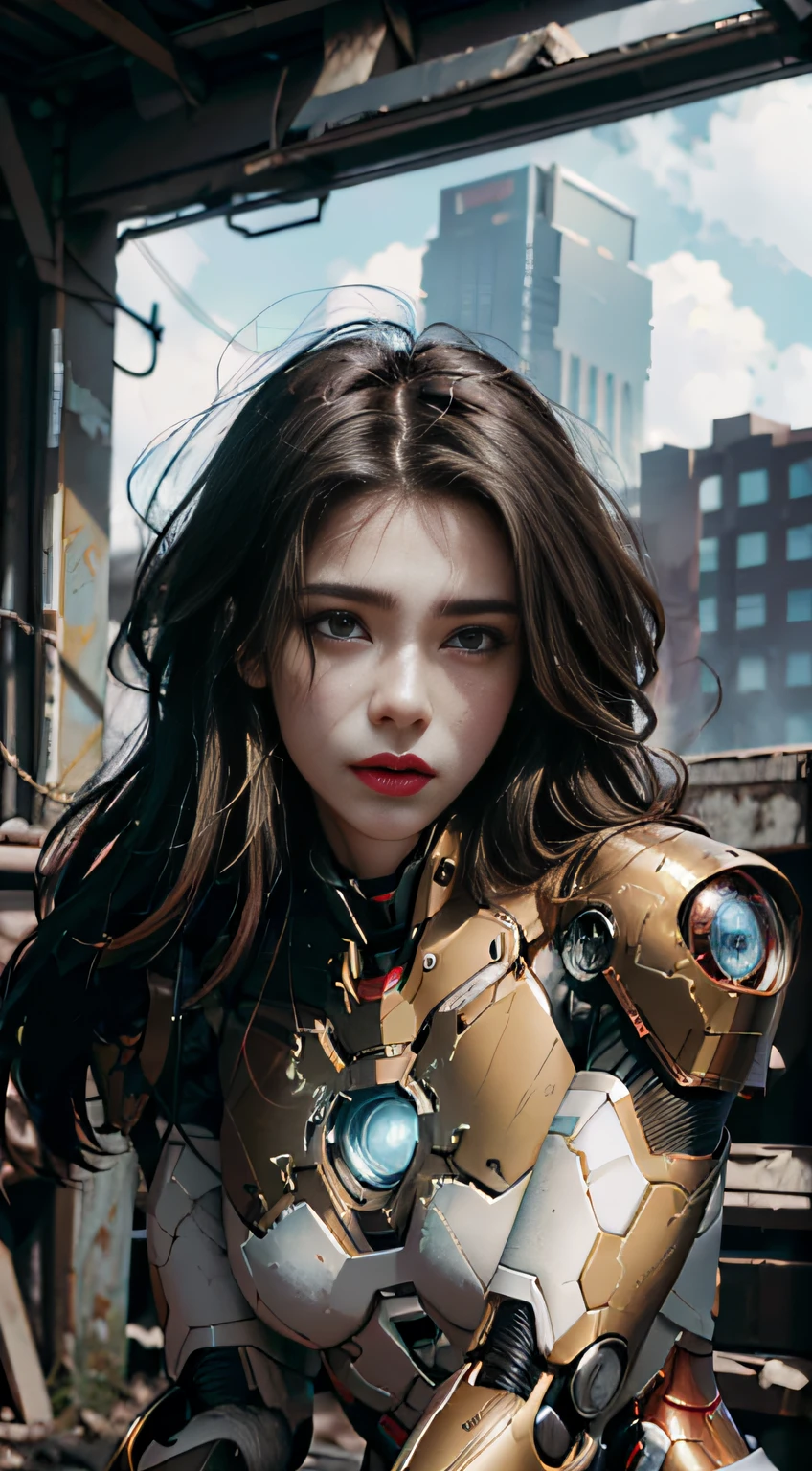 RAW, Masterpiece, Ultra Fine Photo,, Best Quality, Ultra High Resolution, Photorealistic, Sunlight, Full Body Portrait, Stunningly Beautiful,, Dynamic Poses, Delicate Face, Vibrant Eyes, (Side View) , she is wearing a futuristic Iron Man mech, red and gold color scheme, highly detailed abandoned warehouse background, detailed face, detailed and complex busy background, messy, gorgeous, milky white, high detailed skin, realistic skin details, visible pores , sharp focus, volumetric fog, 8k uhd, dslr camera, high quality, film grain, fair skin, photorealism, lomography, sprawling metropolis in futuristic dystopia, view from below, translucent