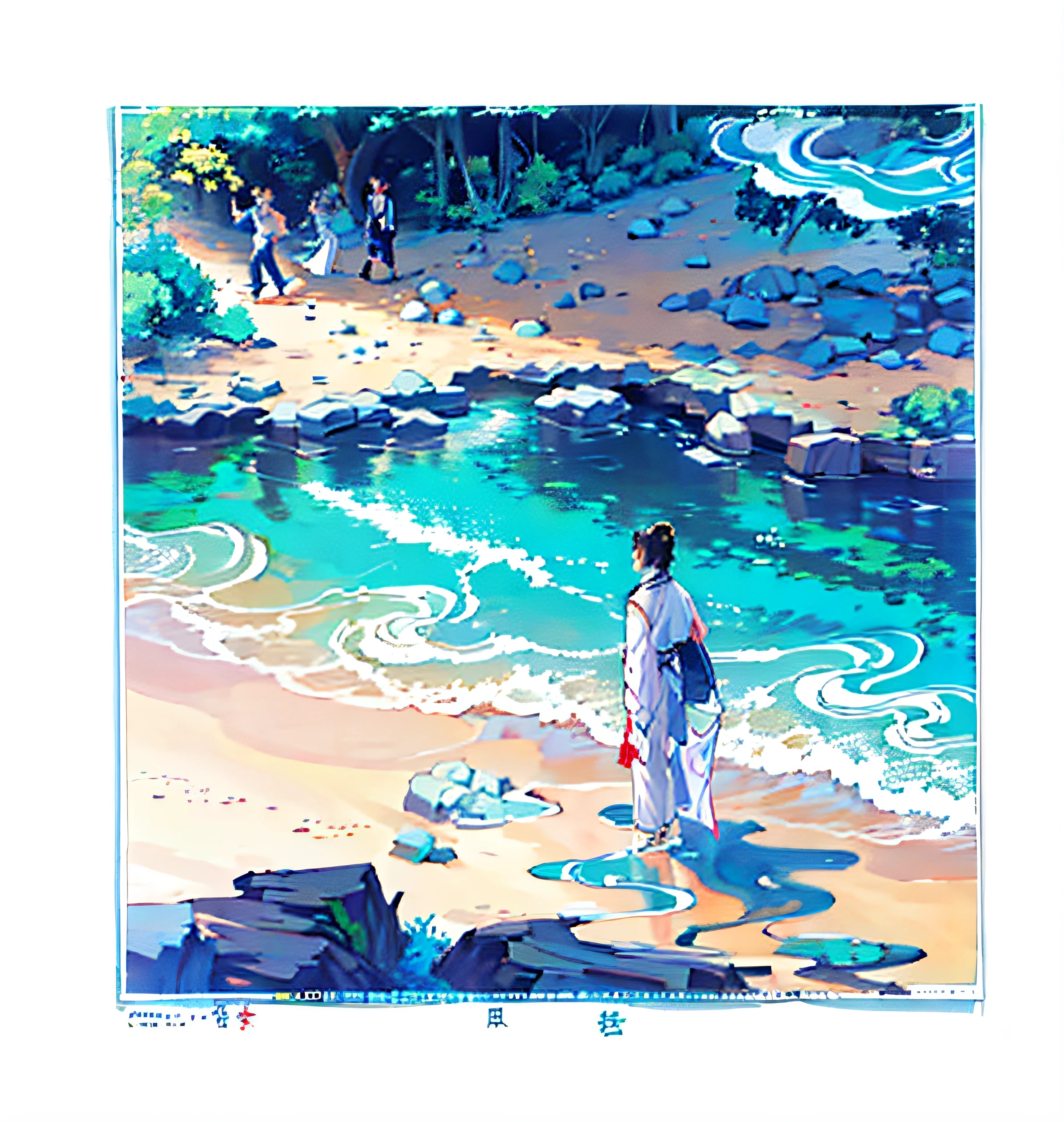 Draw a man standing in the water holding a surfboard, Chiba Yuda, Daoism, inspired by Fu Baoshi, jin shan, she is walking on a river, author：Shin Yoon-bok, feng shu, full-colour illustration, standing in a shallow river, zhang daqian, author：Guan Daosheng
