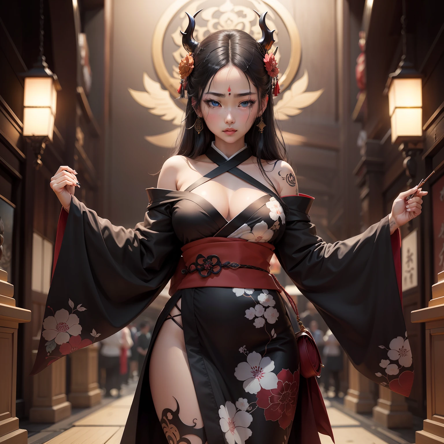 She has a traditional pattern of Japan、Establish your own style with contemporary design.。Her tattoo is、Beauty as freedom of expression、Has both beauty that flaunts cultural identity。
Her work is、Exhibited at multiple exhibitions.、Many people around the world々々々々々々々々々々々々々Affecting。Her work is、Those who seek modern and traditional expressions々for、It's a powerful inspiration。
Her work includes、People who like ukiyo-e works々and scenery、Although the scene is also depicted, etc.、At the same time、often、Customize these elements boldly。Her tattoo is、For the viewer、It becomes an important sign of uniqueness and identity.、It can be said to be a symbol of aesthetics that fuses art and culture。The writing is detailed and detailed.。Elements of horror。Jet Black Devil。Mature neat beauty。Close-up image。Demon of Hell。Mandala worldview。Esoteric religion。Exotic。She、In a pose like a Hindu goddess statue、Standing in a majestic city shredded。Her prayer is、This world where the laws of nature have gone crazy、I hope we can get back to orderly again。Her kimono is、Hindu God々Although it is reminiscent of the clothes of、At the same time, Modern touch added.、In the chaotic modern society、It expresses her desire to create a new culture that fuses the past and the present..。Eta、Her blue eyes are、Symbolizes the strength of her will to bring a bright future to this world。