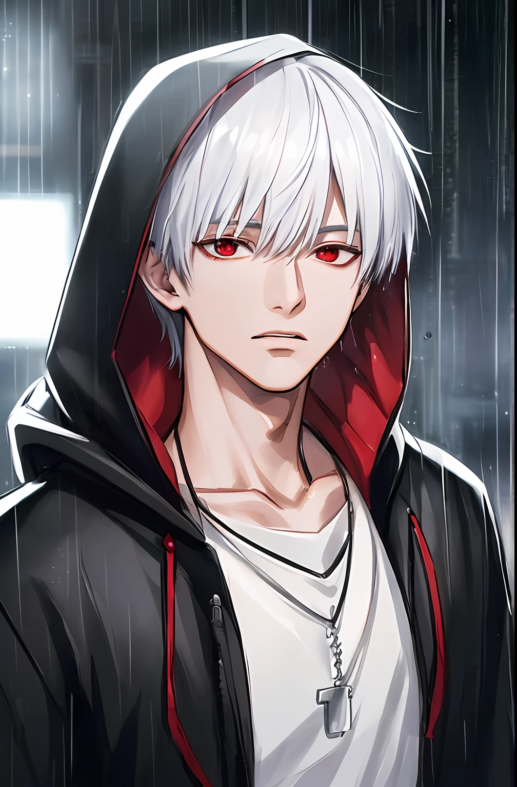 kk, best quality, more details, masterpiece, 1boy, kaneki ken, portrait, male focus, red eyes, solo, bangs, looking at viewer, hood, short hair, rain, tokyo tokyo \(city\), hood up, nail polish, white hair, luxurious, 8k, detailed, ray tracing, depth of field, cinematic lighting,