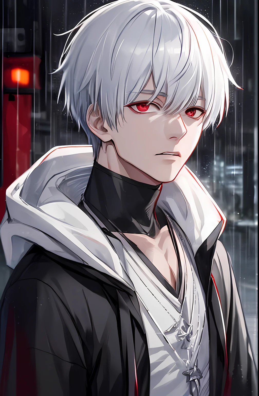 kk, best quality, more details, masterpiece, 1boy, kaneki ken, portrait, male focus, red eyes, solo, bangs, looking at viewer, hood, short hair, rain, tokyo tokyo \(city\), hood up, nail polish, white hair, luxurious, 8k, detailed, ray tracing, depth of field, cinematic lighting,