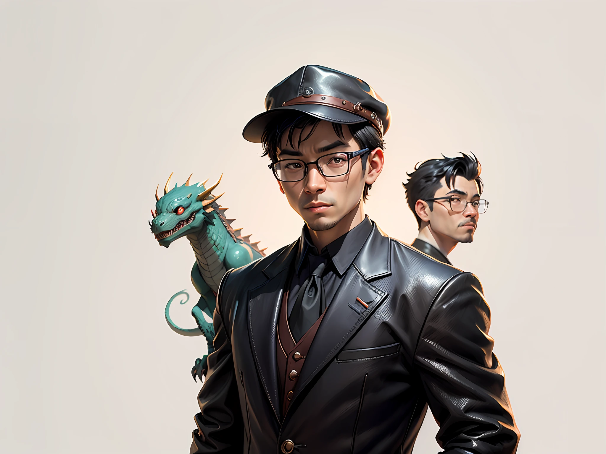 Young man with oriental face in leather hat, dragon, formal suit, short black hair, silver glasses, digital painting, 3D character design by Mark Clairedon and Pixar and Hayao Miyazaki and Akira Toriyama, the illustration is a high-definition illustration in 4K resolution with very detailed facial features and cartoon-style visuals.
