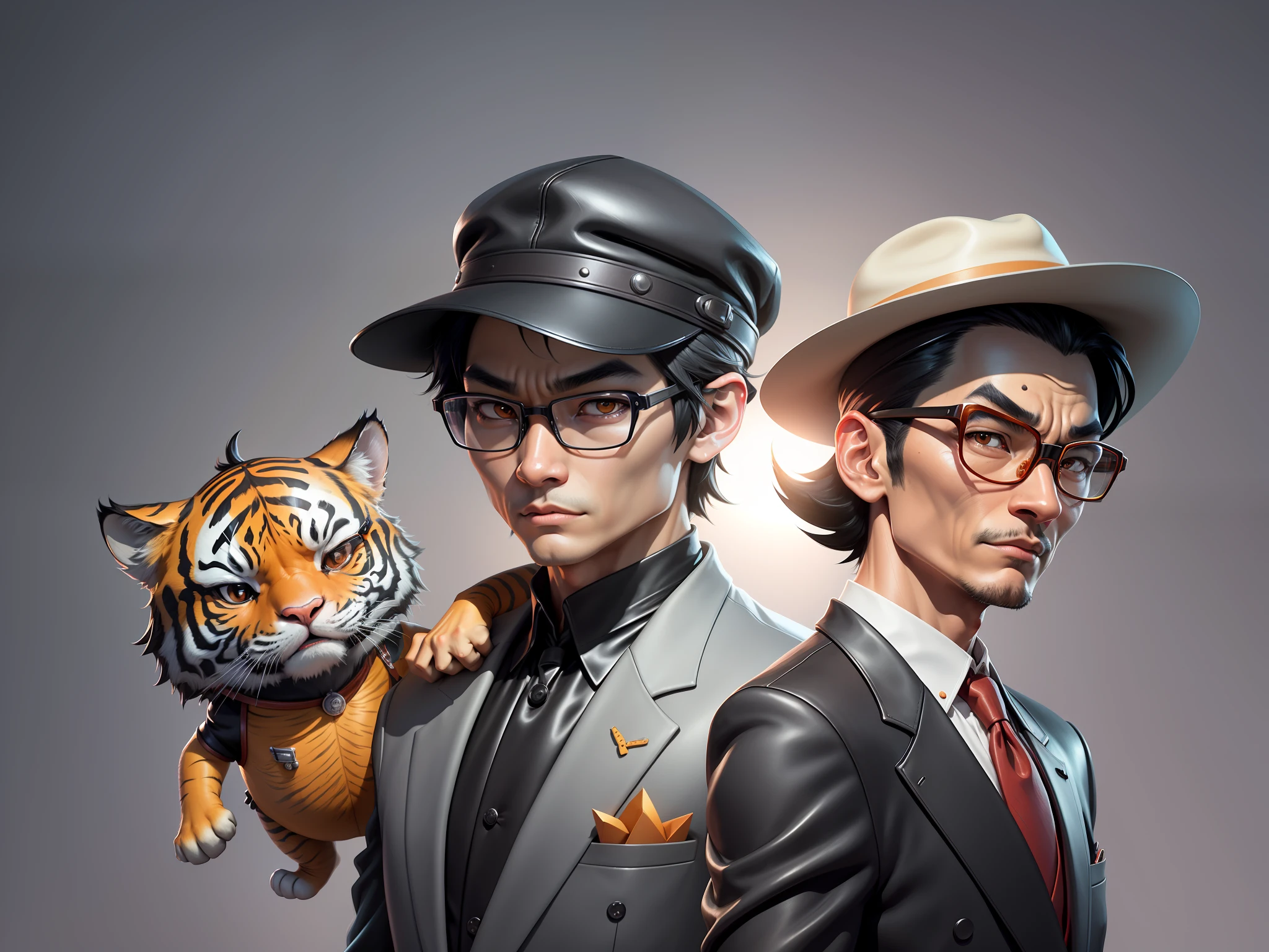 Young man with oriental face in leather hat, tiger, oriental face in formal suit, short black hair, silver glasses, digital painting, 3D character design by Mark Clairedon and Pixar and Hayao Miyazaki and Akira Toriyama, the illustration is a high-definition illustration in 4K resolution with very detailed facial features and cartoon-style visuals.