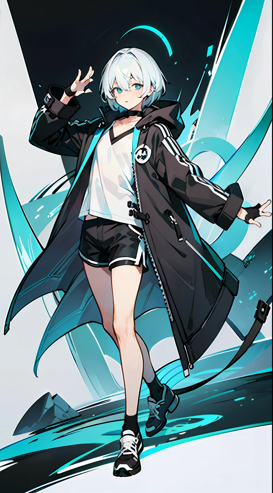 Masterpiece, Best quality, Solo,Boy, White hair,Short hair, (White shirt:1.4),(Black shorts:1.5), blackfootwear, full bodyesbian, shirt, Shorts, Coat, Open coat, view the viewer, Hood, Sneakers, Open clothes, Black coat, (Flat chest:1.7), No breasts,Long sleeves, bangs, Fingerless gloves, Short hair, hair between eye,Black background