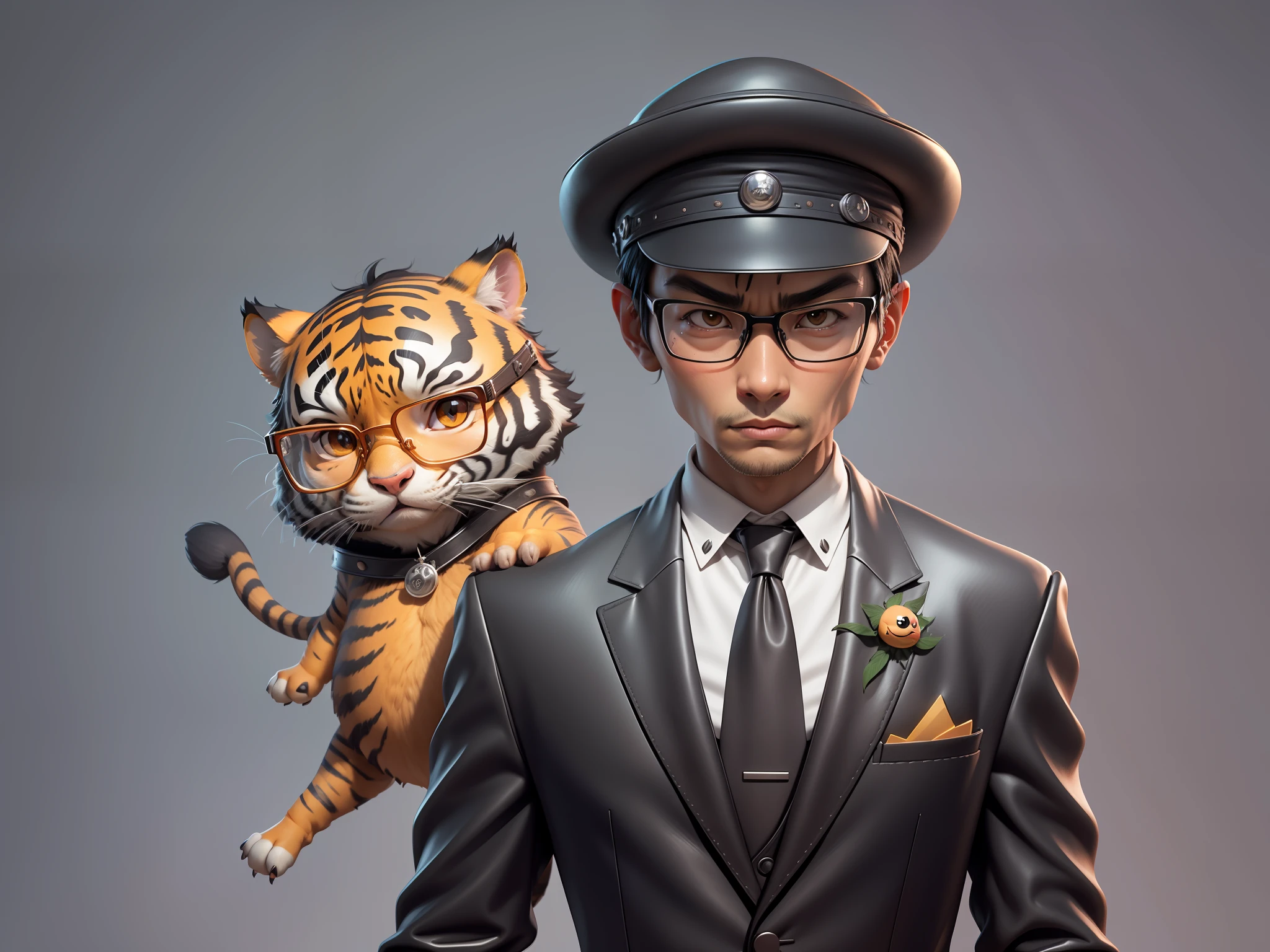 Young man with oriental face in leather hat, tiger, oriental face in formal suit, short black hair, silver glasses, digital painting, 3D character design by Mark Clairedon and Pixar and Hayao Miyazaki and Akira Toriyama, the illustration is a high-definition illustration in 4K resolution with very detailed facial features and cartoon-style visuals.