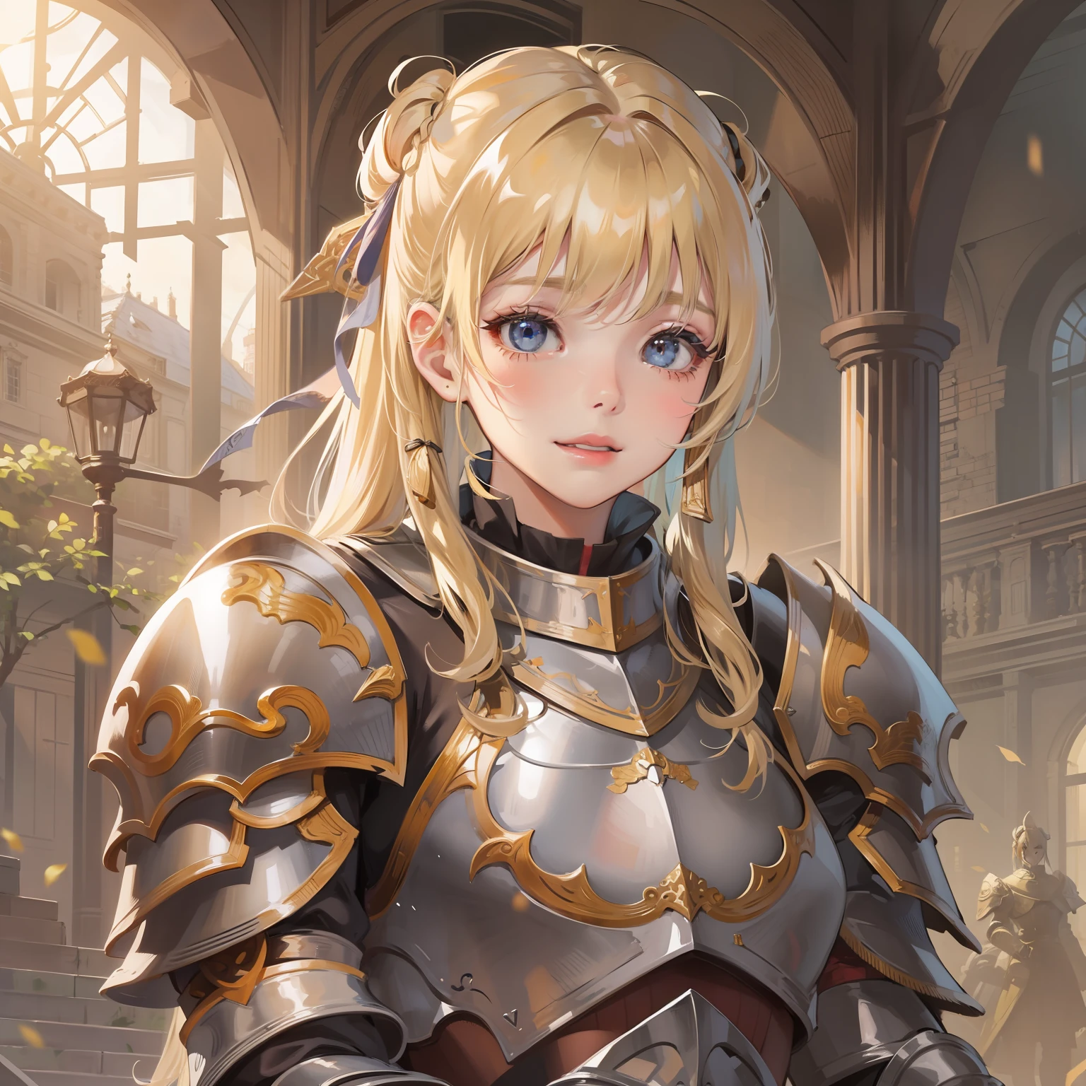 Cultivated woman、blonde pigtails hair、in her 20s、plate armor、gauntlets、Innocence、Innocent smile、