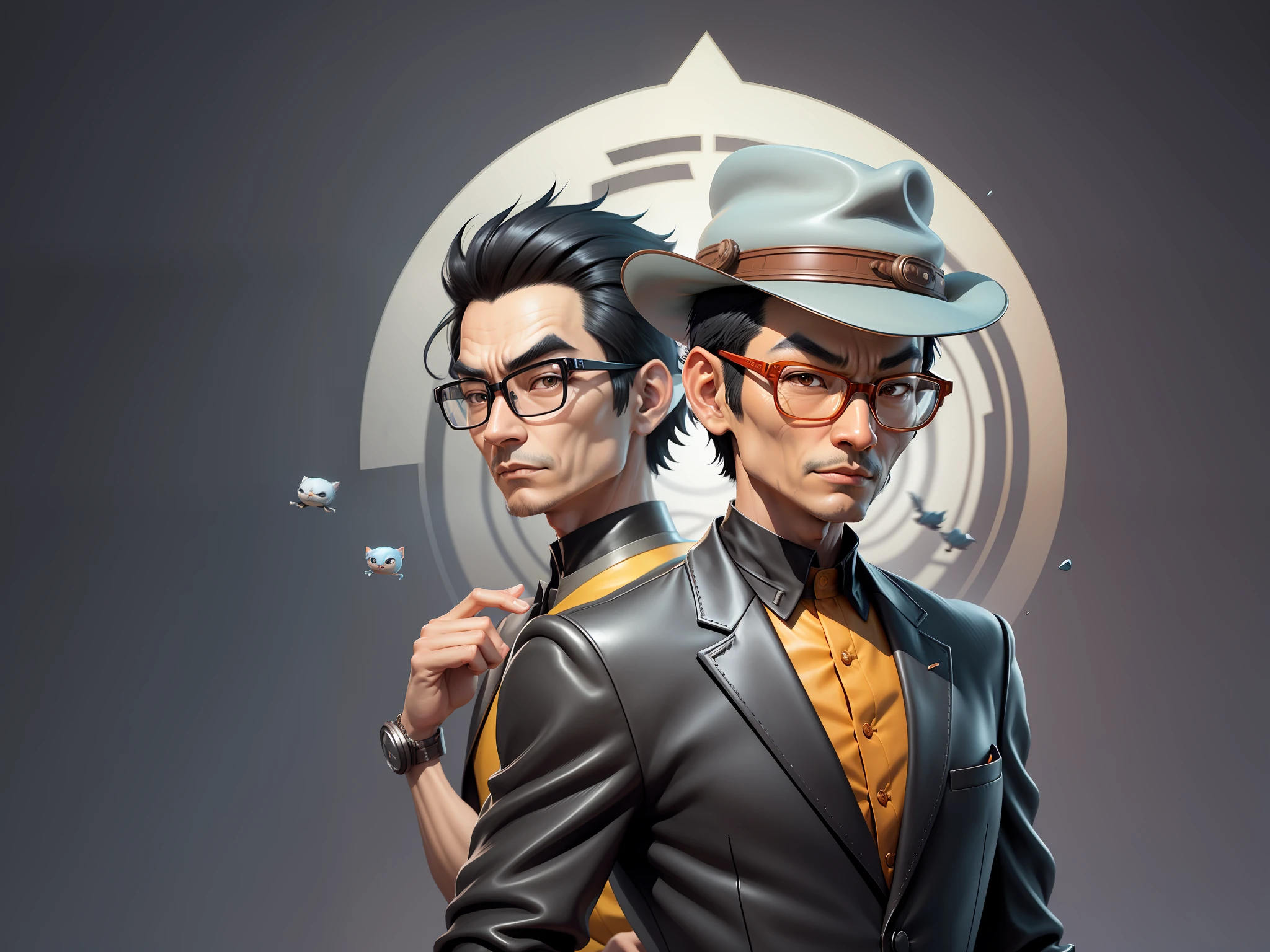 Young man with oriental face in leather hat, tiger, oriental face in formal suit, short black hair, silver glasses, digital painting, 3D character design by Mark Clairedon and Pixar and Hayao Miyazaki and Akira Toriyama, the illustration is a high-definition illustration in 4K resolution with very detailed facial features and cartoon-style visuals.