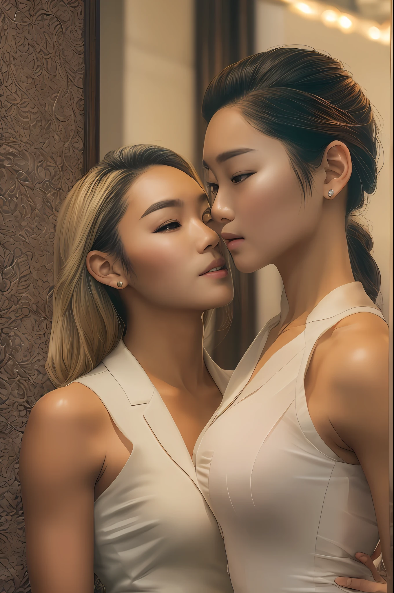 ((two females)): Looking at each other passionately like they are about to kiss. (Alex, a tan-skinned Filipino female, ((masculine body)), with an alluring face and manbun undercut, is a stern and charming entrepreneur donning a fitted pants suit). Myunghee, a gorgeous Korean, exudes grace in a sleeveless white dress.