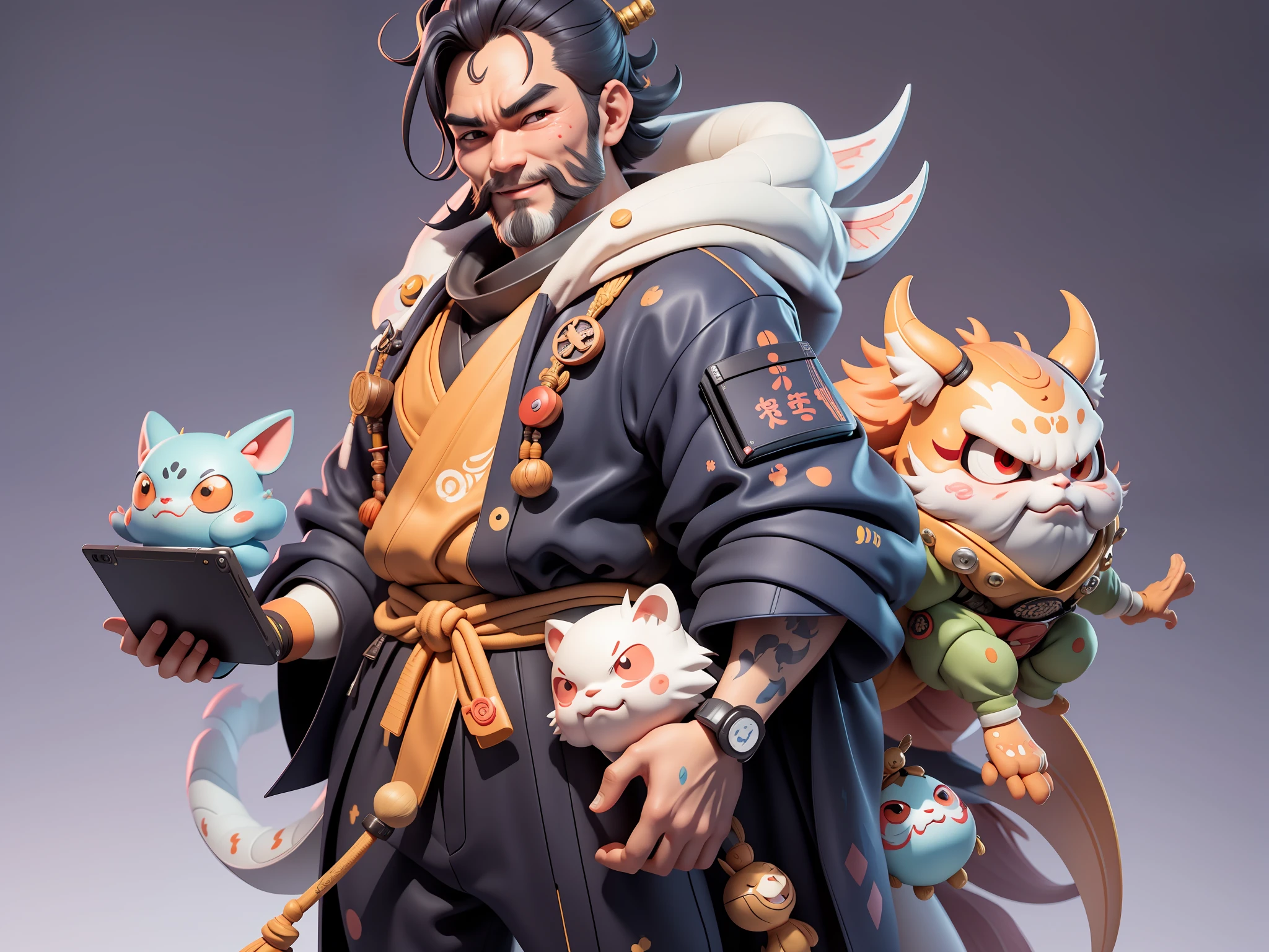(Daisaku),(Need),(Super meticulous),(full bodyesbian:1.2),Japanese ukiyo-e girl,japanese geisha,Beautiful,Oriental dragon,Aeolian Thor,Raised sexy,爆乳,Oriental face,TV Anchor,Bust portrait illustration,Alone,In black suit,a blue tie,The face is slightly chubby,The face was clean,without a beard,Black super short hair,Black eyes,Smile confidently,3C computer sub-products,iPad, iphone,Digital painting,3D character design by Mark Clairen and Pixar and Hayao Miyazaki and Akira Toriyama,The illustration is a high-definition illustration in 4K resolution,With very detailed facial features and cartoon-style visuals。
