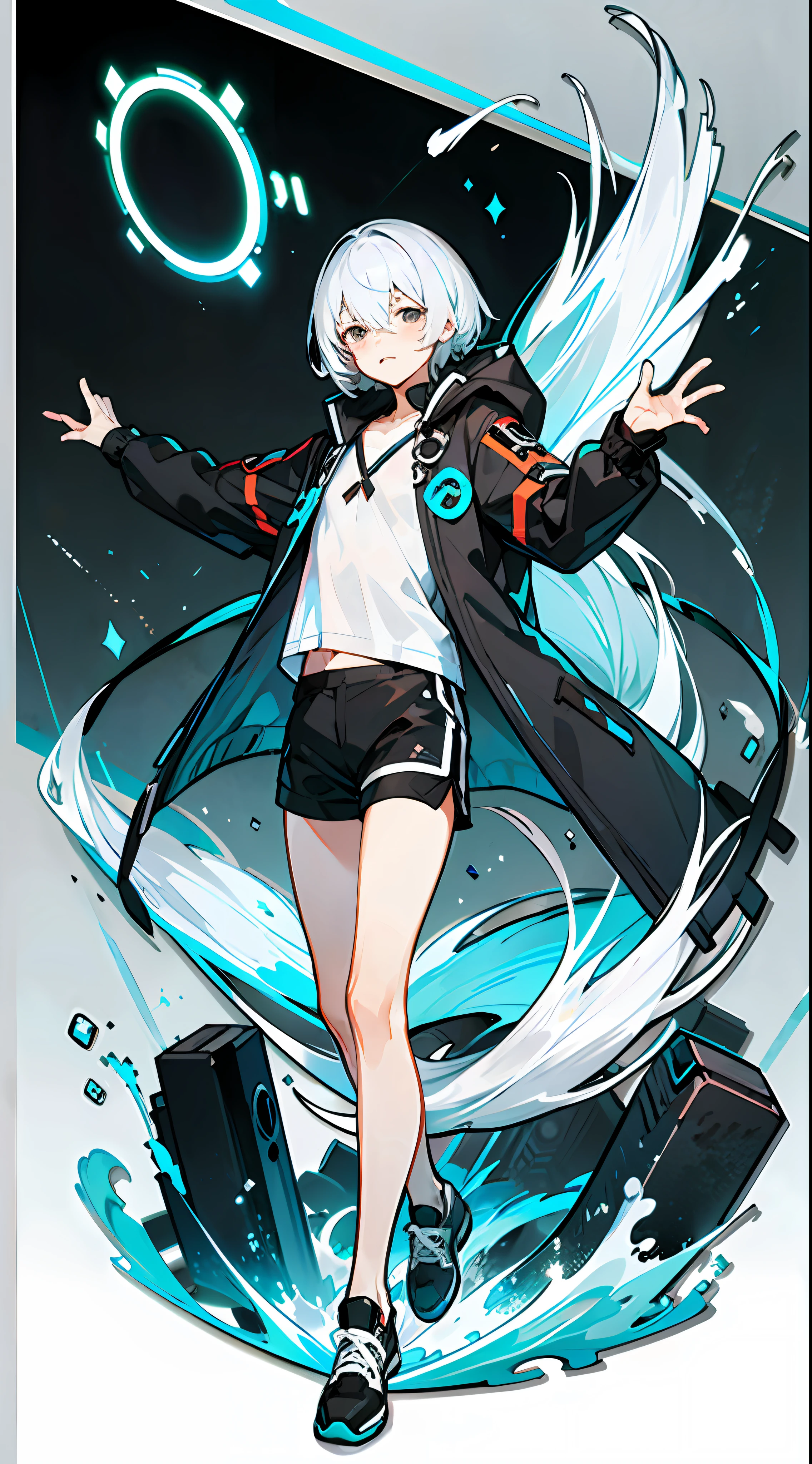 Masterpiece, Best quality, Solo,Boy, White hair,Short hair, (White shirt:1.4),(Black shorts:1.5), blackfootwear, full bodyesbian, shirt, Shorts, Coat, Open coat, view the viewer, Hood, Sneakers, Open clothes, Black coat, (Flat chest:1.7), No breasts,Long sleeves, bangs, Fingerless gloves, Short hair, hair between eye,Black background