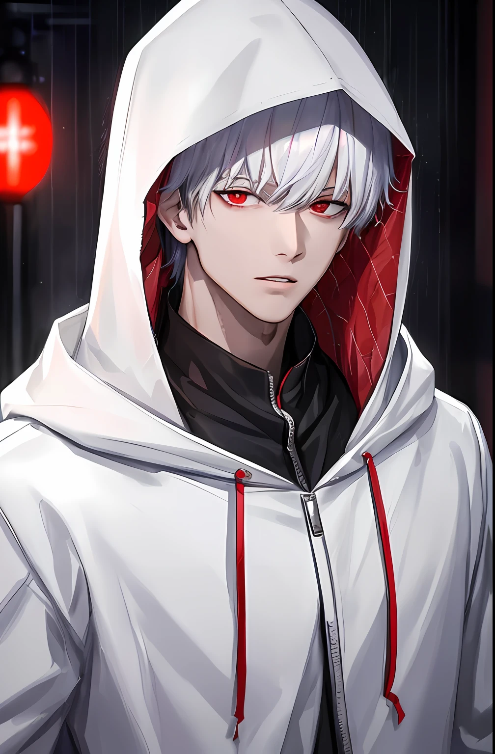 kk, best quality, more details, masterpiece, 1boy, kaneki ken, portrait, male focus, red eyes, solo, bangs, looking at viewer, hood, short hair, rain, tokyo tokyo \(city\),  hood up, nail polish, white hair, luxurious, 8k, detailed, ray tracing, depth of field, cinematic lighting,