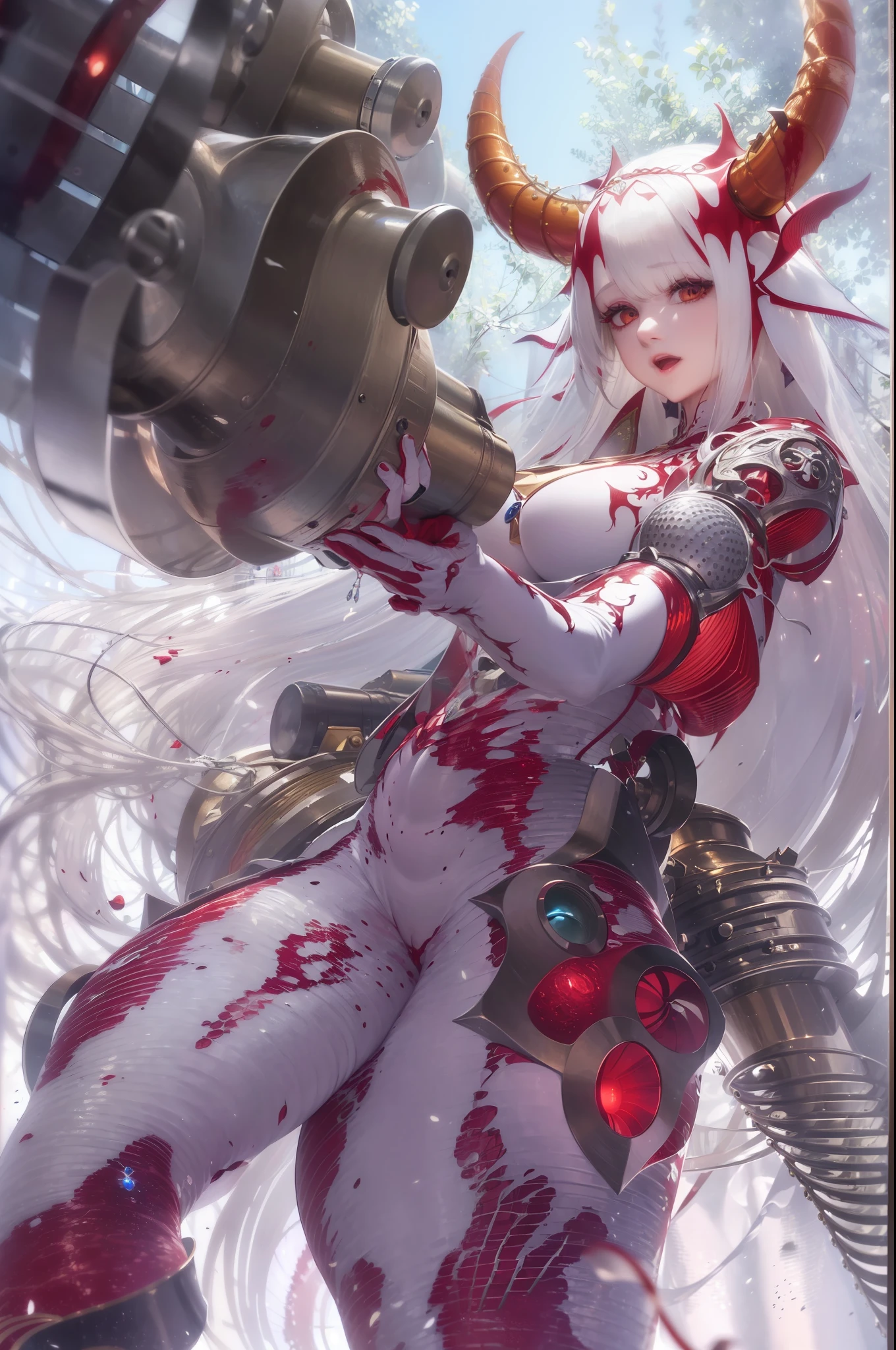 (((masterpiece))), (((best quality))), ((ultra-detailed)), (highly detailed CG illustration), ((an extremely delicate and beautiful)), cinematic light, nijilorahorn, (1girl), (2horns in the head), sharp horns, white silver hair, (medium hair), red eyes, glowing red eyes, best light, (pale white skin: 1.2), middlebreasts, big hips, pose frontal, corpo inteiro, aiming a gatling gun, giant glating gun, dinamismo, mechanical armor, mechanical joints, Blood Vessels Attached to Tubes, (Blood vessels and tubes attached to the Gatling Gun: 1.1), foco no personagem, science fiction, extreme detailed, colorful,highest detailed