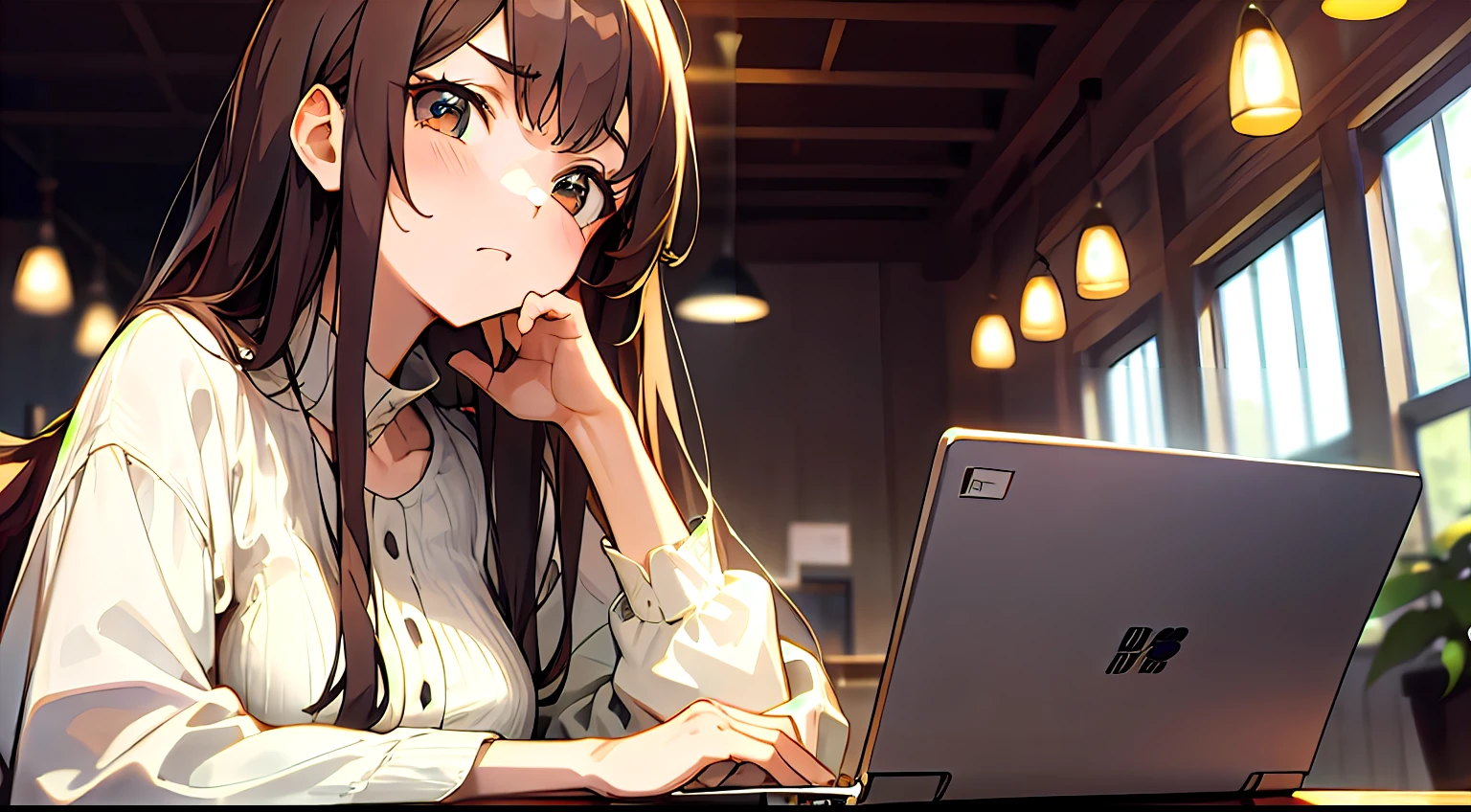 early evening、Indoor Coffee Stylish、Adult woman in anime using laptop((Using a laptop on the table))、25-years old、Upper body, mid-shot, femele, Detailed eyes, ((Beautiful woman using laptop)), ,Semi-long hair, Brown hair, Bangs,Everyday clothes、Clothes without a collar、Fashionable、Long sleeves,、frontage、 Troubled face、pondering、look up at the ceiling