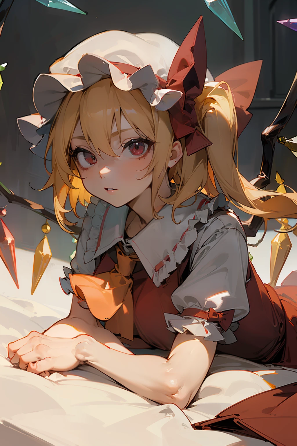 (masterpiece),best quality, expressive eyes, perfect face, 1girl,
big breast, H-cup, good breast, beautiful, gorgeous ,large breast, laying down breast facing ground,flandre scarlet,
1girl,blonde hair,mob cap,hair bow,bowtie,side ponytail,wings,short sleeves,vest,ascot