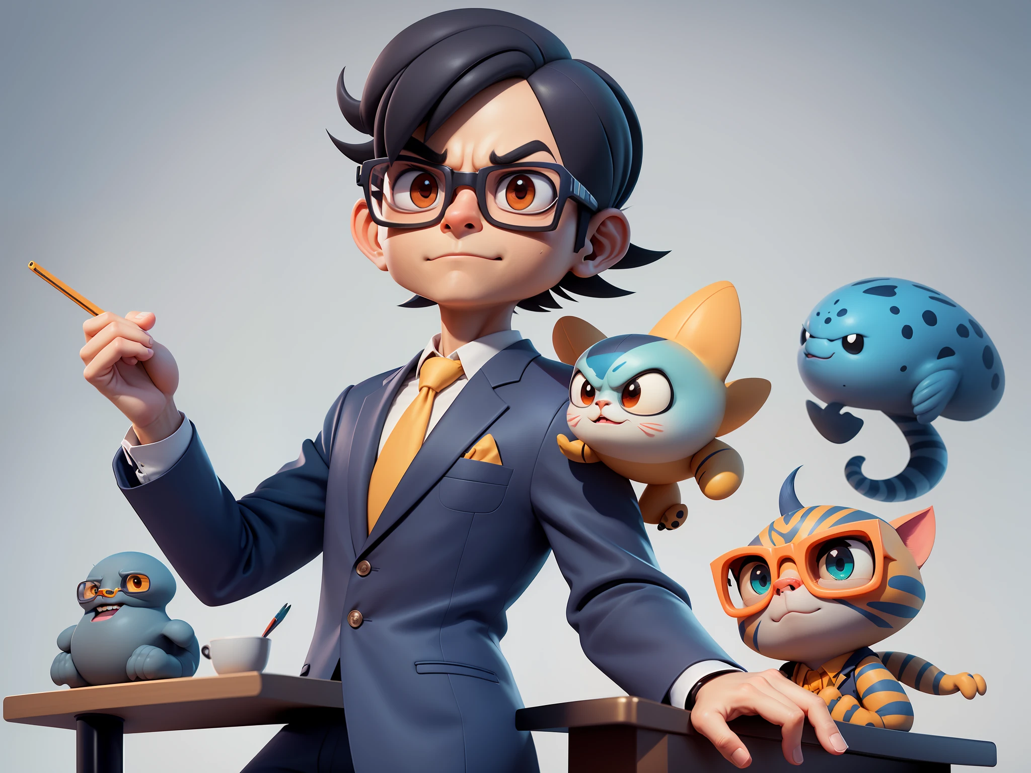 A young man in a suit, Short hair and glasses sat at his desk,holding laptop,digitial painting,tigre,3D character design by Mark Clairen and Pixar and Hayao Miyazaki and Akira Toriyama,4K HD illustration,Very detailed facial features and cartoon-style visuals。