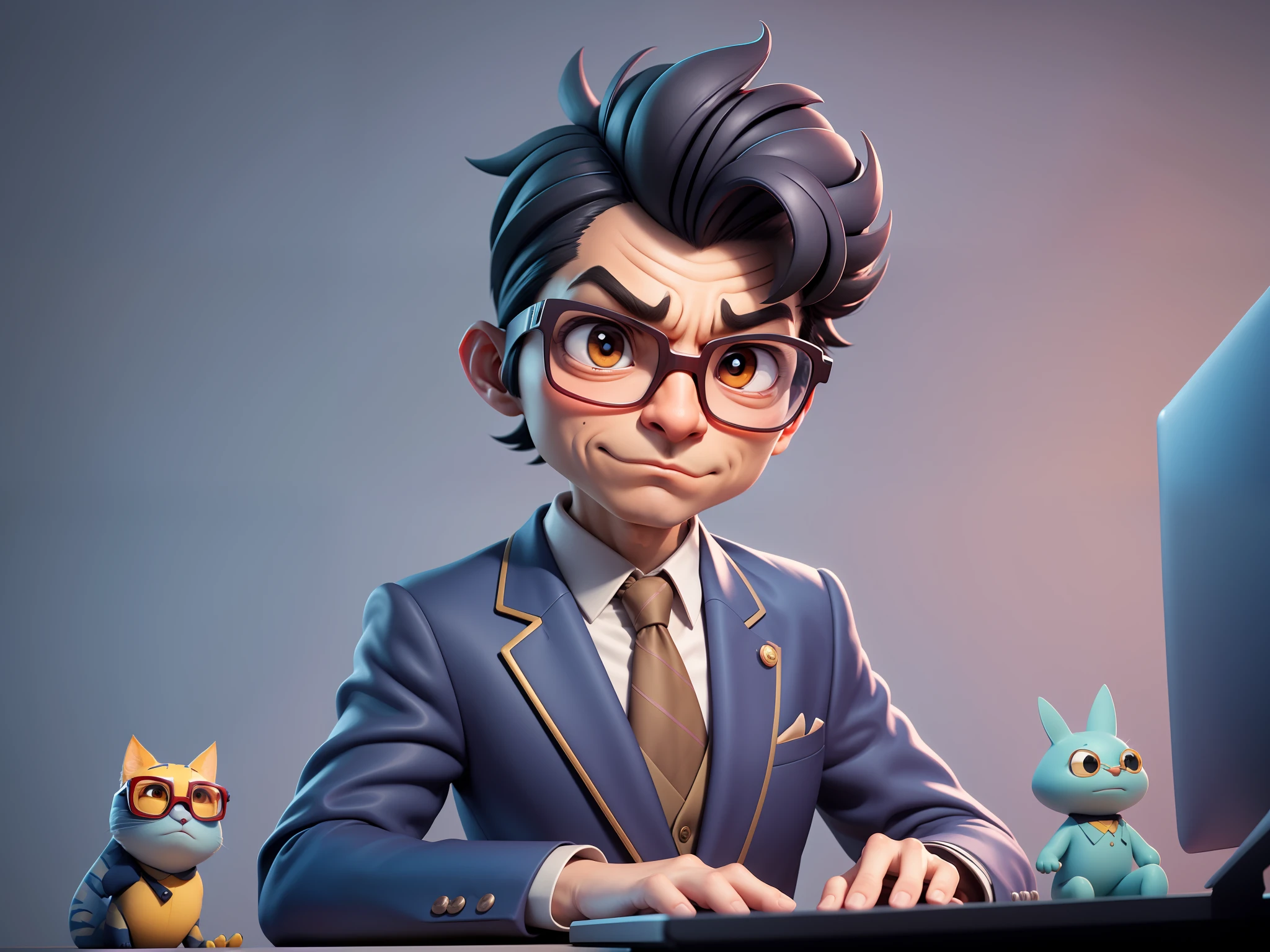 A young man in a suit, Short hair and glasses sat at his desk,holding laptop,digitial painting,tigre,3D character design by Mark Clairen and Pixar and Hayao Miyazaki and Akira Toriyama,4K HD illustration,Very detailed facial features and cartoon-style visuals。