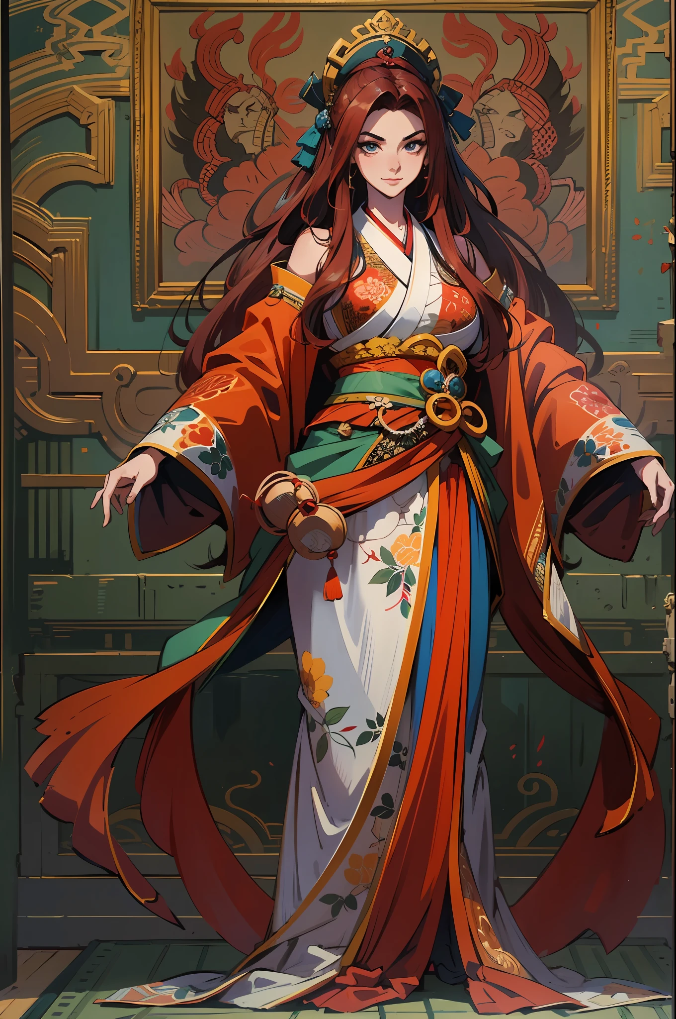 a beautiful woman with long deep red hair neatly arranged, possesses a noble and elegant face, her sharp gaze and fearless smile exude confidence, has features that reflect a mix of Central Asian and European heritage, wears a fitted fantasy-style dress that combines elements from both Eastern and Western styles, the attire is made of top-quality materials, designed for ease of movement while retaining a touch of simplicity, she stands confidently with her hands on her hips, set against the backdrop of a majestic ancient city combining Chinese and Japanese fantasy styles, creating a lively atmosphere of fantastical adventure, the character design depicts a fantasy-style noblewoman with a Japanese anime design, the artwork features finely detailed character design, showcasing a mature Japanese manga artistic style, ((character concept art)), full body character drawing, high definition, best quality, ultra-detailed, extremely delicate, anatomically correct, symmetrical face, extremely detailed eyes and face, high quality eyes, creativity, RAW photo, UHD, 8k, (Natural light, professional lighting:1.2, cinematic lighting:1.5), (masterpiece:1.5)