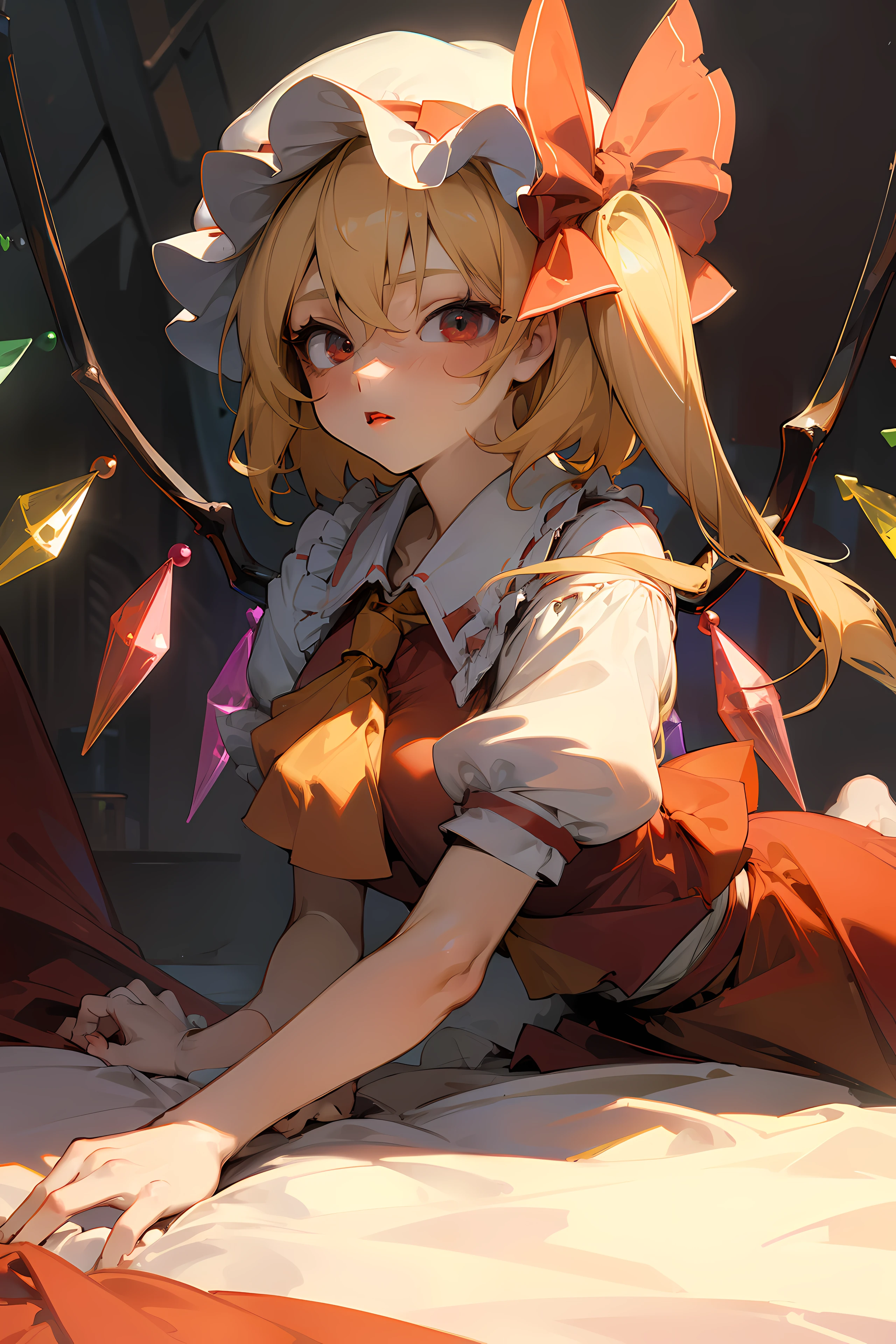 (masterpiece),best quality, expressive eyes, perfect face, 1girl,
big breast, H-cup, good breast, beautiful, gorgeous ,large breast, laying down breast facing ground,flandre scarlet,
1girl,blonde hair,mob cap,hair bow,bowtie,side ponytail,wings,short sleeves,vest,ascot