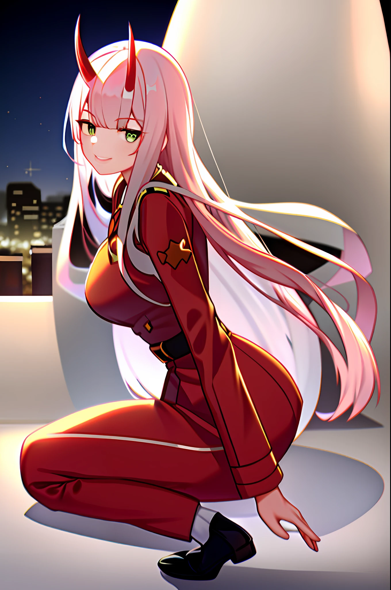 Zerotwo，high qulity，hyper-detailing， 1girll， By bangs， night club，green-eyed， shairband， banya， long whitr hair， longer sleeves， looking at viewert， red blous， Closed jacket， army suit， oni horn， Orange-red， Pink hair， Red horn， simple backgound， ssmile， 独奏， standing on your feet， 校服， white hair ribbon， （（tmasterpiece）），Smooth and shiny，4K，Full body photo，